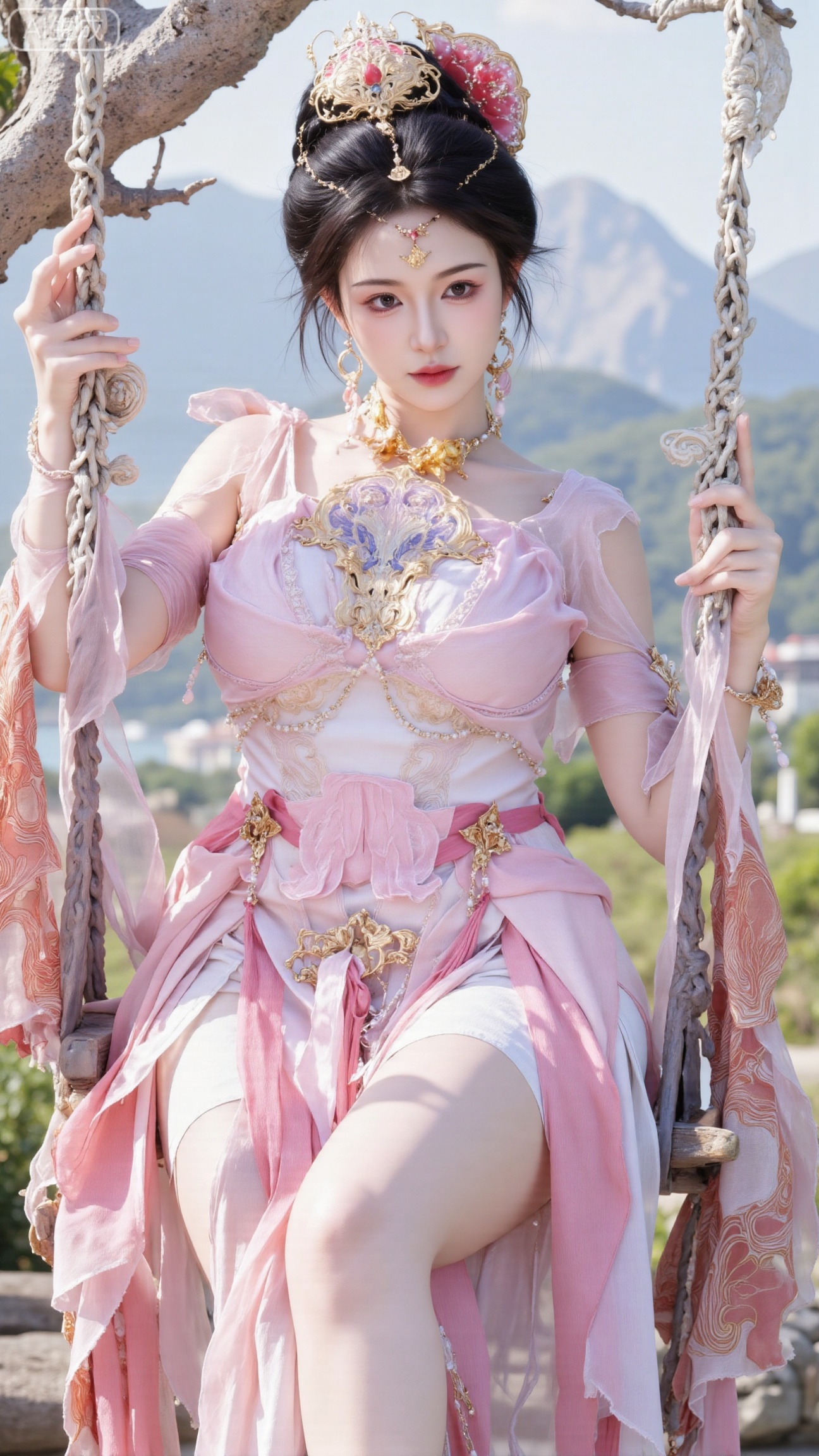  (masterpiece, top quality, best quality, official art, beautiful and aesthetic:1.2),Dynamic posture,(Sitting on the swing:1.39),natural skin texture,(Milky skin:1.2),1gir,solo,Dress, (Long legs, perfect proportions:1.2),(Sakura, butterfly:1.29),(huge breasts:2.99),(full breasts:2.99),castle, waterfall, mountains in the distance,XbaifengsongyuYH,Xbigbreasts,XmengkeerXHY,XliuyuH,Xyuanyaohongyi,Xyuanyaoxizao,Xyuanyaomuyu,Xyuanyaohongqun,Xqixiucosplay,XyechangongXF