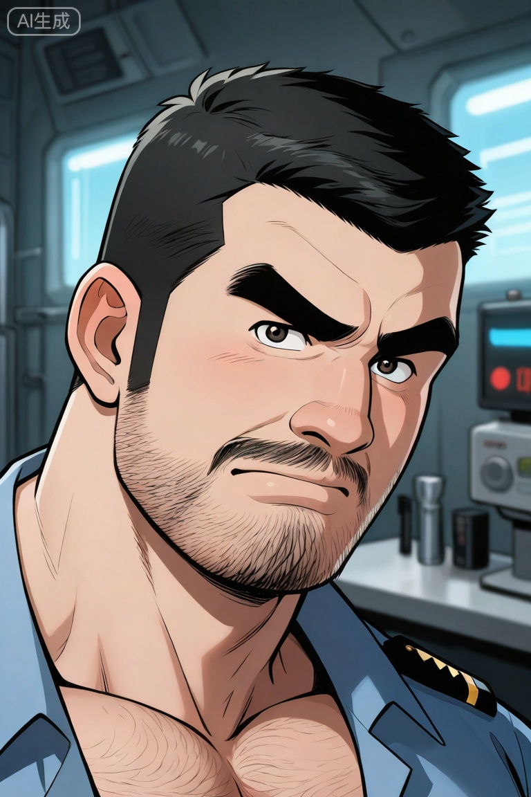 masterpiece, best quality, highres, absurdres,
Police officer, the case scene, meticulous, investigation, serious expression,
1man, solo, looking at viewer, cool,short hair,**** top, black hair, closed mouth, male focus,facial hair,upper_body, bara, beard, close-up, sideburns, stubble, personable, macho,