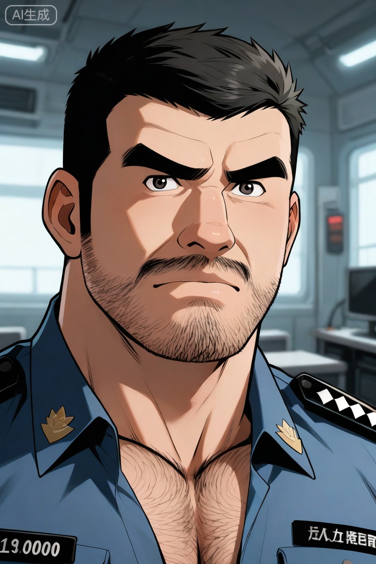 masterpiece, best quality, highres, absurdres,
Police uniforms, the case scene, meticulous, investigation, serious expression,
1man, solo, looking at viewer, cool,short hair,**** top, black hair, closed mouth, male focus,facial hair,upper_body, bara, beard, close-up, sideburns, stubble, personable, macho,