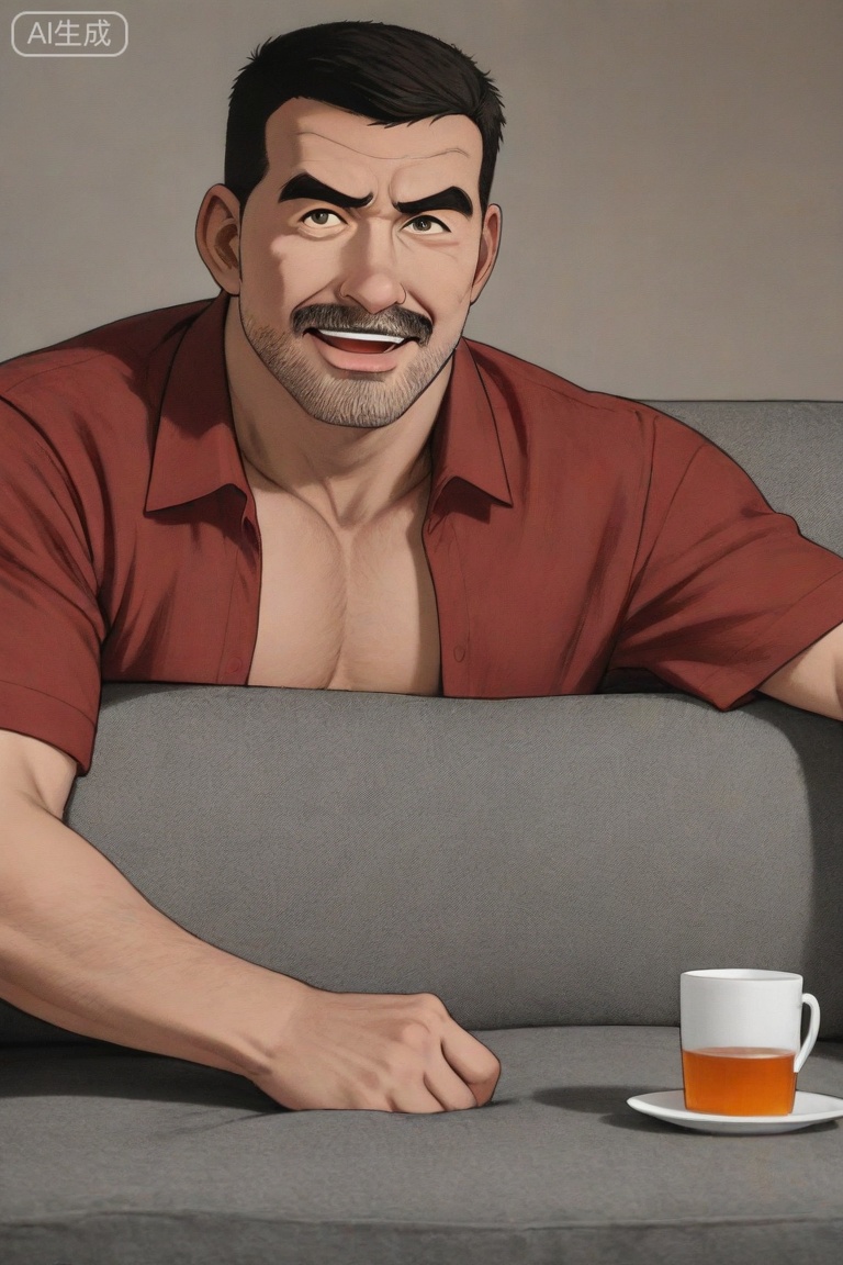 质量词：masterpiece, best quality, safe, amazing quality, very aesthetic, absurdres, highres, newest, HDR, 8K, high detail RAW color art, DSLR shot. 
画风：comic,
人物特征：1man,short hair,facial hair,mustache,
事件：solo,looking at viewer,smile,open mouth,upper body,collared,shirt,red shirt,Polite expression,open shirt,
sitting,couch,cup,take off shirt,
