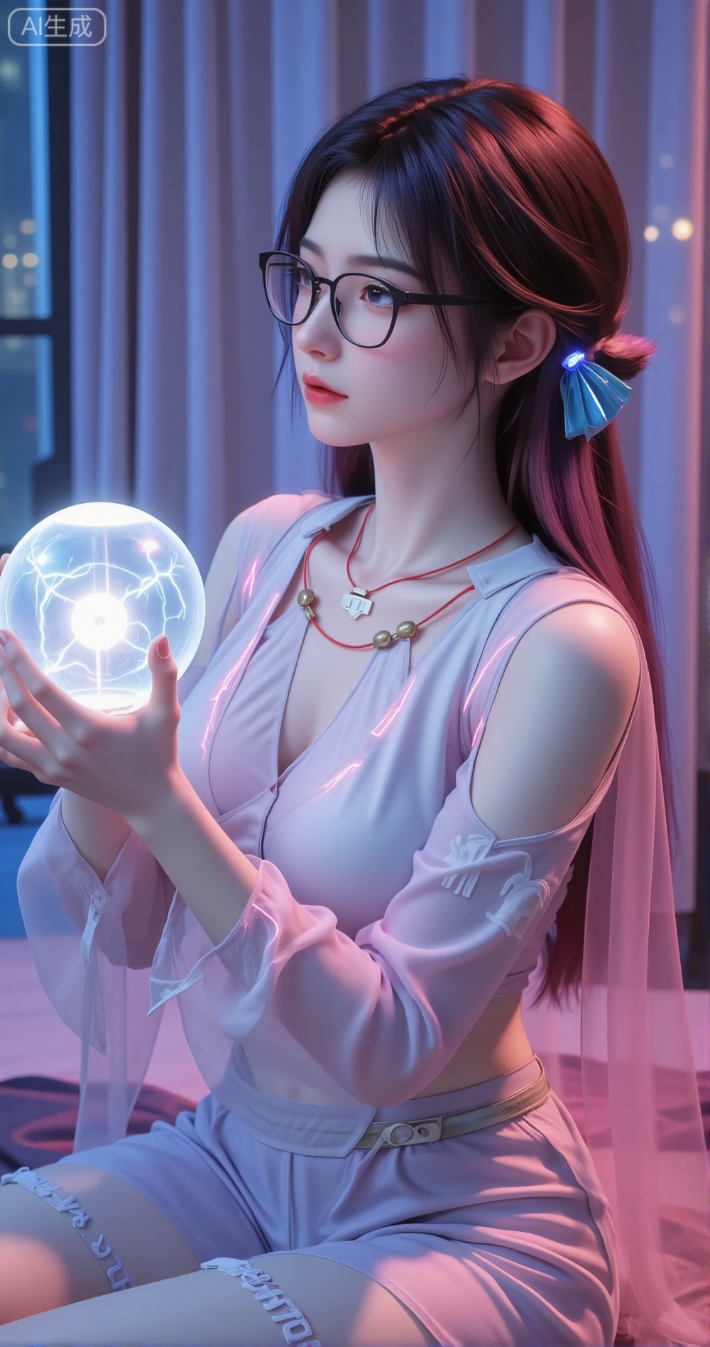 Real photography, high quality, masterpiece, cyberpunk style, a girl with light makeup, wearing rimless glasses, pink and gray hair, tied up, transparent tulle clothes, wearing a transparent tulle off-shoulder sweatshirt and sweatpants , sitting on the bed, turning sideways, the clothes are decorated with pink lightning-shaped luminous lines, and the luminous words "Super" are written on the chest and abdomen of the clothes. Agent", wearing a blue and white luminous collar around her neck, cyberpunk style, holding a transparent light ball in her hand, with lightning emitting from the center of the light ball, the girl's glasses looked at the transparent light ball in her hand, thoughtfully expression, the whole room is rendered with pink and blue light and shadow, cyberpunk style, sense of technology, close-up, real light and shadow effects, professional composition,
