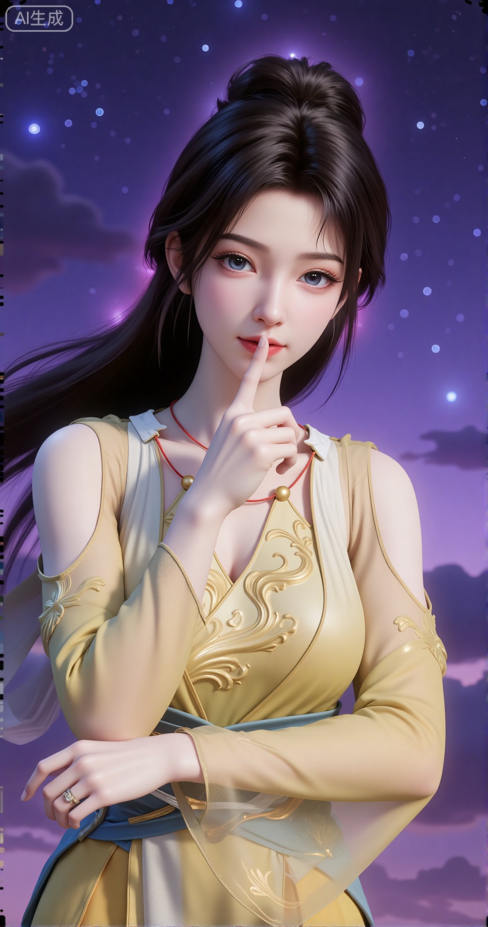 Against the backdrop of a vast starry sky, a girl in a yellow Chinese practice outfit stands quietly, exuding a unique charm and personality. Her black hair is tied into a high ponytail, the ends slightly curled and shimmering with a soft glow under the starlight. Her fringe neatly falls over her forehead, slightly covering her slightly furrowed brow, which reveals a hint of defiance and determination. Her blue starry eyes are deep and mysterious, with countless stars seemingly twinkling within her pupils. Her long lashes, feather-light under the starlight, flutter slightly, adding a touch of dreamy charm.

Her pink lips curve into a faint smile, as if hiding inner joy. Her expression carries a hint of playfulness and confidence, her gaze slanting to one side as if she's observing something intriguing. Her facial features are soft and delicate, her skin appearing exceptionally fair under the starlight, as if glowing with a soft luminescence.

Her right hand rises, her index finger pointing straight at the middle of her mouth, as if signaling a secret or a mysterious message. Her fingers are slender and long, her nails neatly trimmed and clean, exuding an elegant charm. Her arm lines are smooth, her movements natural, revealing a calm and confident demeanor.

Her yellow Chinese practice outfit is simple yet exquisite, with exquisite golden patterns embroidered on the collar and cuffs, as if mimicking the stars in the galaxy. The fabric is light and soft, swaying gently with the breeze, as if merging with the starry sky. A thin purple silk ribbon is tied around her waist, its ends fluttering in the wind, adding a touch of ethereal beauty.

The background is a magnificent starry sky, with a deep purple canopy dotted with countless twinkling stars, as if a grand galaxy spans across the horizon. The light of the galaxy bathes her in a mysterious purple glow. The starlight forms a soft halo around her, as if she is the ruler of this starry expanse.