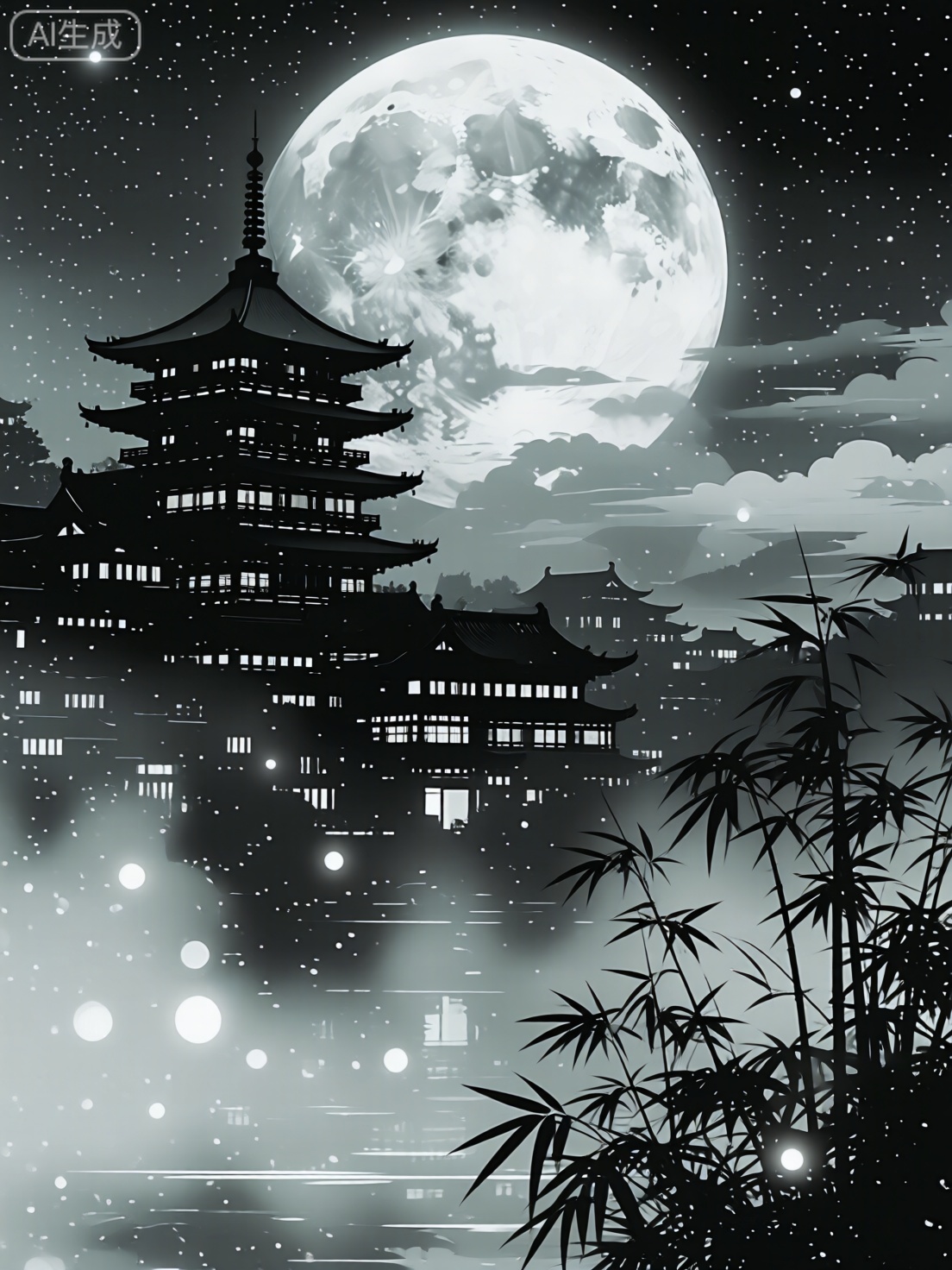 serene monochromatic scene, traditional East Asian village, luminous full moon, soft glow landscape, tiered pagoda buildings, intricate roofs silhouette, delicate clouds mist, small glowing orbs, bamboo plants foreground, architectural details background, faint light sources, tranquil mystical mood, ancient charm fantasy