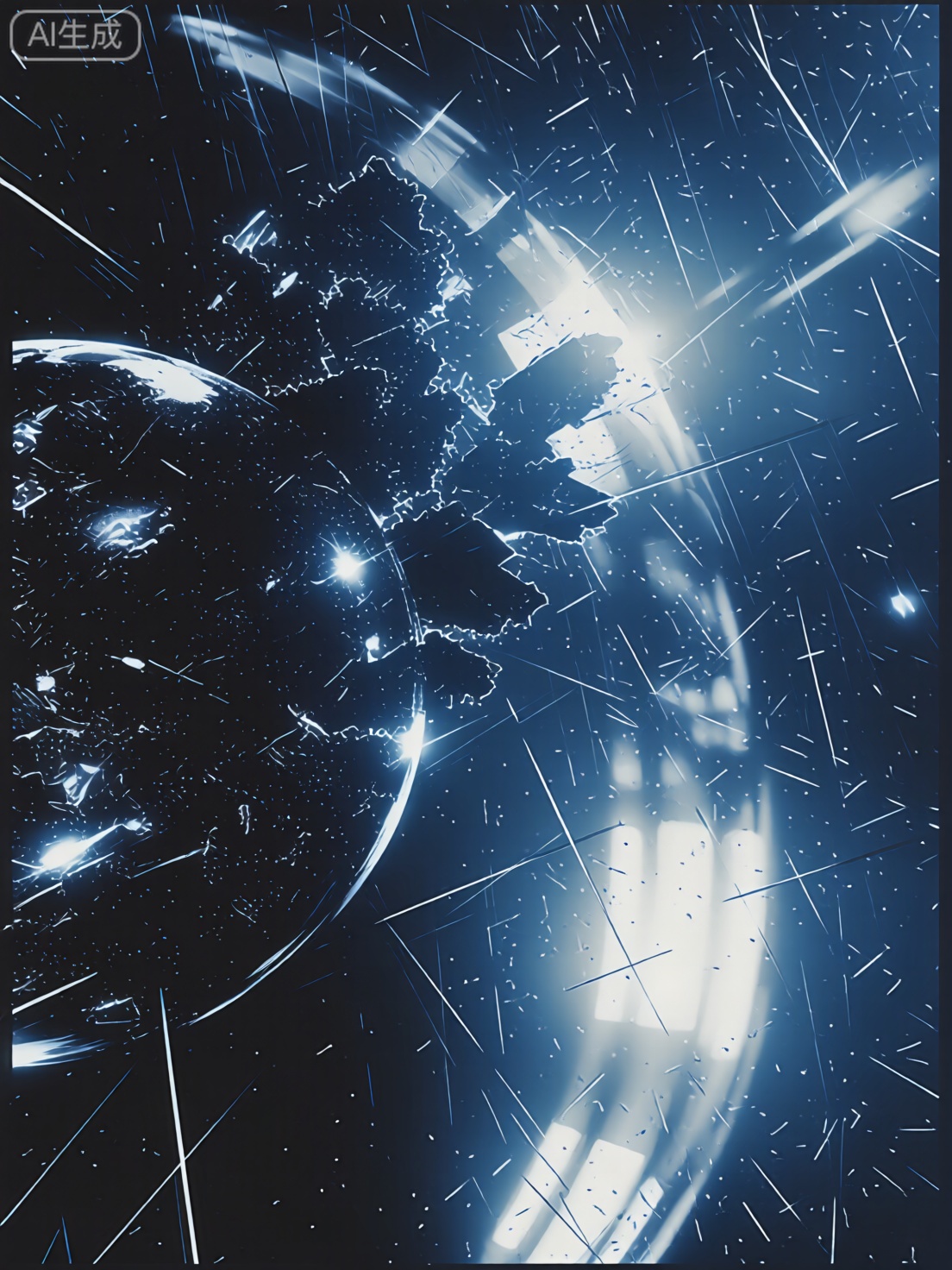 dark, futuristic scene, shattered glass, bright ethereal light, deep blue black, sparkling particles, large reflective sphere, blend destruction beauty, intricate details, interplay light shadow, dynamic otherworldly quality