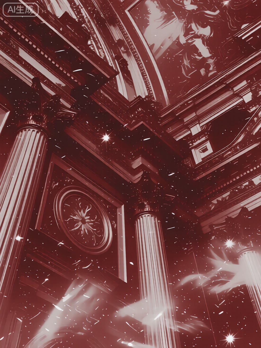 Ornate, grand interior, Rich, reddish hue, Elaborate columns, Intricate carvings, Ceiling frescoes, Decorative moldings, Circular panels, Rectangular panels, Artistic designs, Ethereal figures, Mystical element, Sparkling particles, Magical atmosphere, Opulence, Otherworldliness, Classical architecture, Fantastical elements, Dramatic lighting, Immersive experience