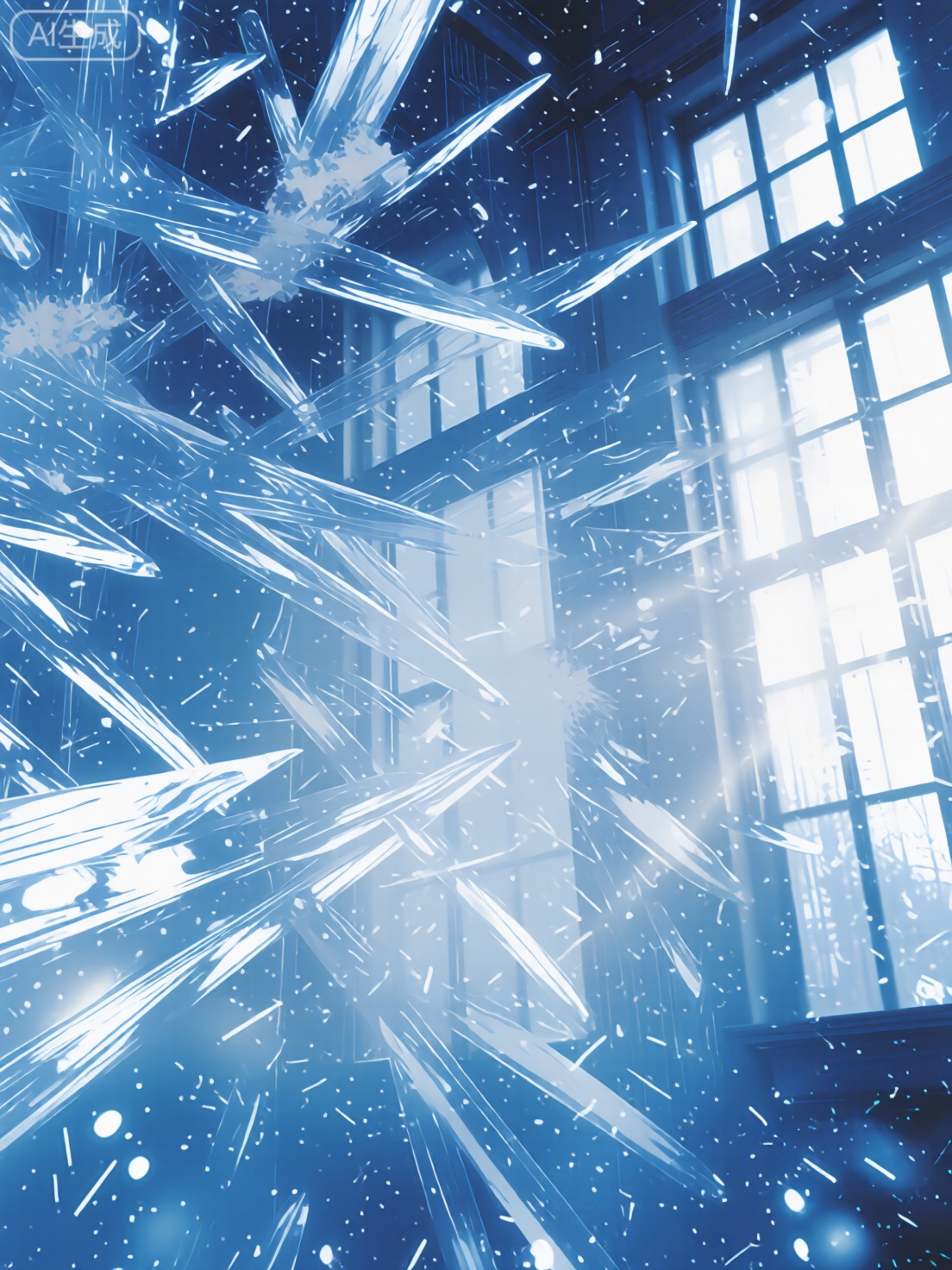 mesmerizing icy scene, blue and white palette, crystalline shards, feathers, dynamic atmosphere, ethereal feel, faint building silhouette, large windows, urban setting, bright light, through windows, illuminating ice, enhancing translucence, cold beauty, light and shadow, adding depth, sense of movement, magic, frozen time, winter wonderland