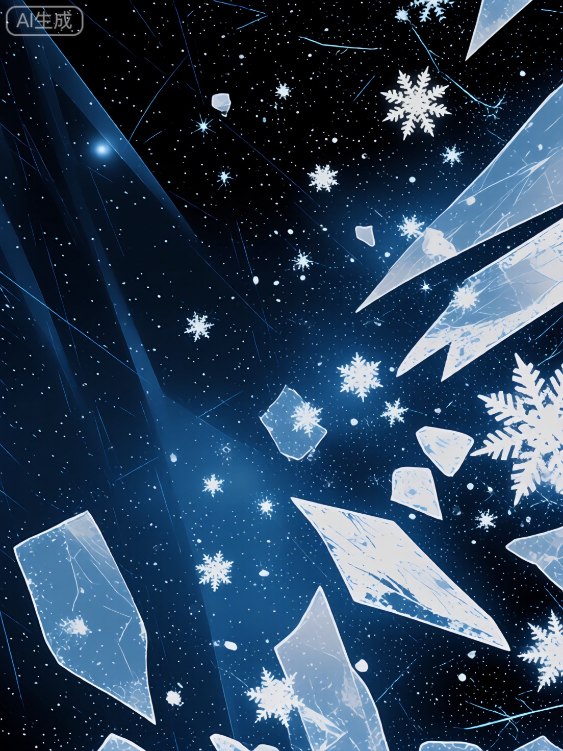 mesmerizing icy scene, deep blue and white, fragmented ice shards, sharp angular edges, sense of coldness, sense of fragility, various sized snowflakes, wintry atmosphere, dark background, almost black canvas, lighter blue spots, starry night sky, distant galaxies, fine wispy lines, frost patterns, ethereal quality, frozen stillness, otherworldly landscape, interplay light shadow, depth and dimension, serene and dynamic