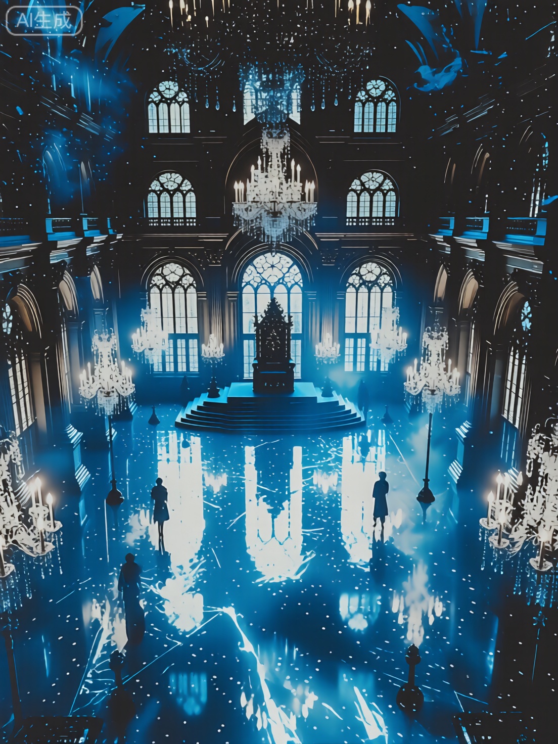 grand ornate hall, symmetrical layout, arched windows, intricate details, mystical blue glow, ethereal atmosphere, central throne chair, elaborate chandeliers, soft light, ghostly figures, supernatural element, reflective floor, dreamlike quality, majestic ambiance, otherworldly feel, classical architecture, magical elements