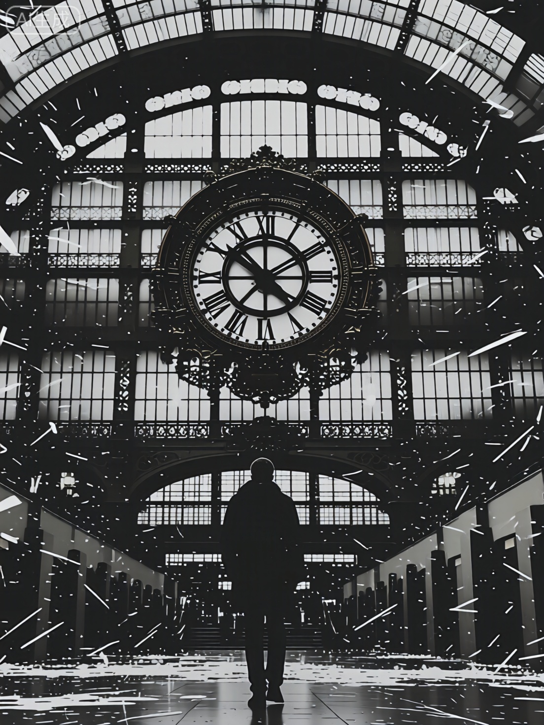 dramatic scene, large ornate clock, Roman numerals, Musée dOrsay, grand arched structure, intricate metalwork, glass panels, shards scattered, recent shattering, person silhouette, facing away, dark moody atmosphere, monochromatic palette, blacks whites grays, indoor space, possibly museum, train station, high ceilings, architectural details, sense of history, evokes grandeur
