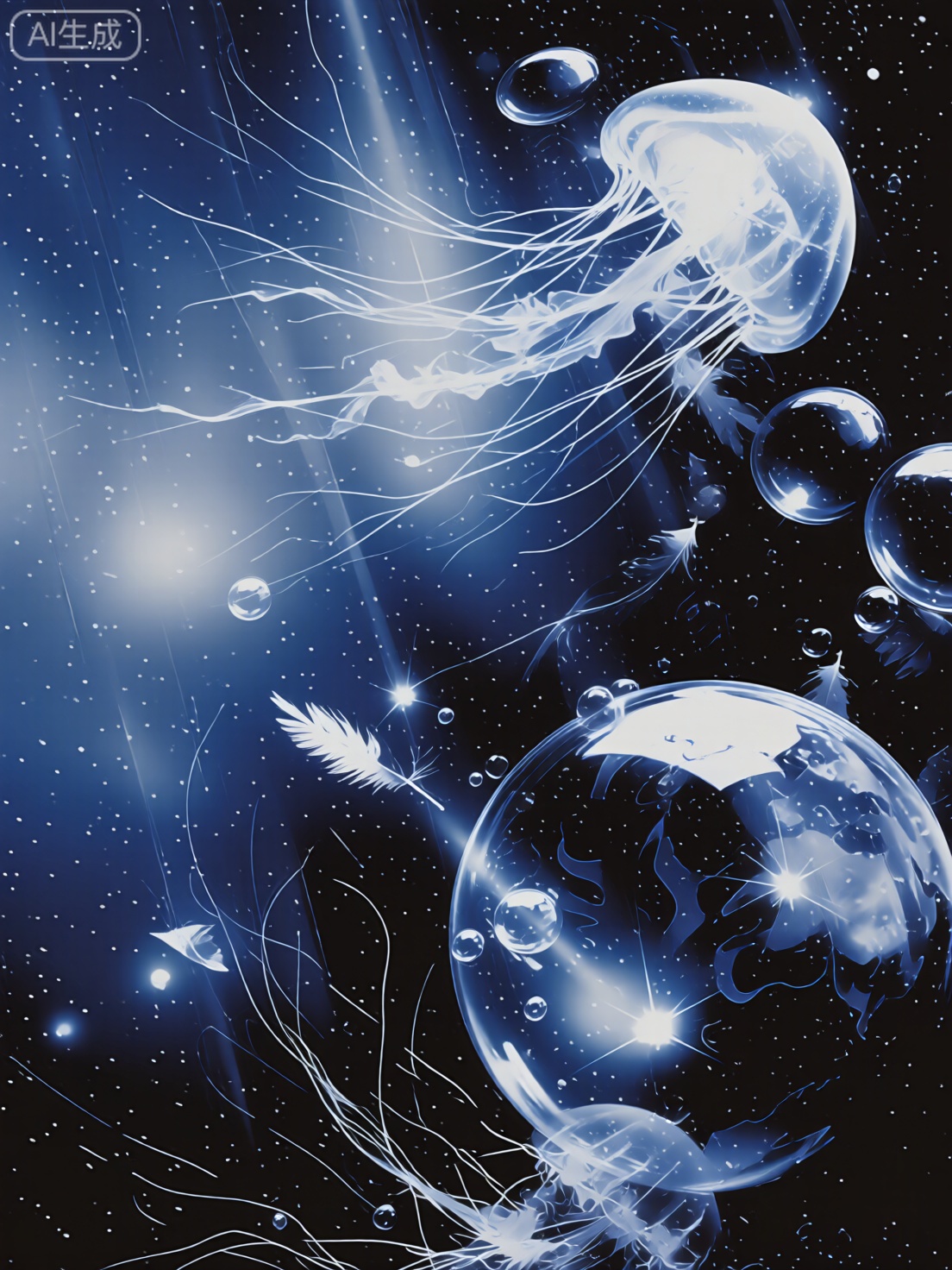 mesmerizing abstract art, deep blues whites, dynamic floating elements, bubbles feathers jellyfish, bright light sources, soft otherworldly glow, dark blue to black, large transparent sphere, intricate swirling patterns, dreamlike fluid effect, underwater or cosmic, fantastical realm exploration