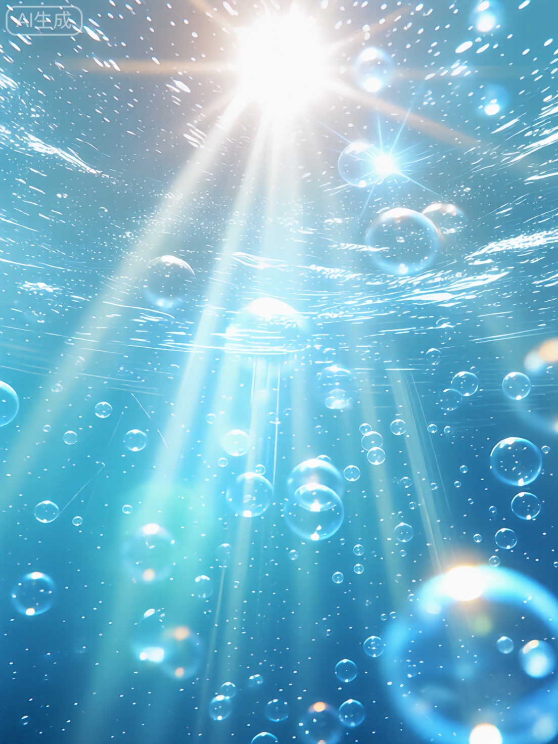 serene underwater scene, soft ethereal light, sunbeams pierce water, radiant glow, shimmering reflections, numerous bubbles float, sense of movement, gradient blue background, delicate translucent strands, dreamy quality, calm and beauty, magical interplay