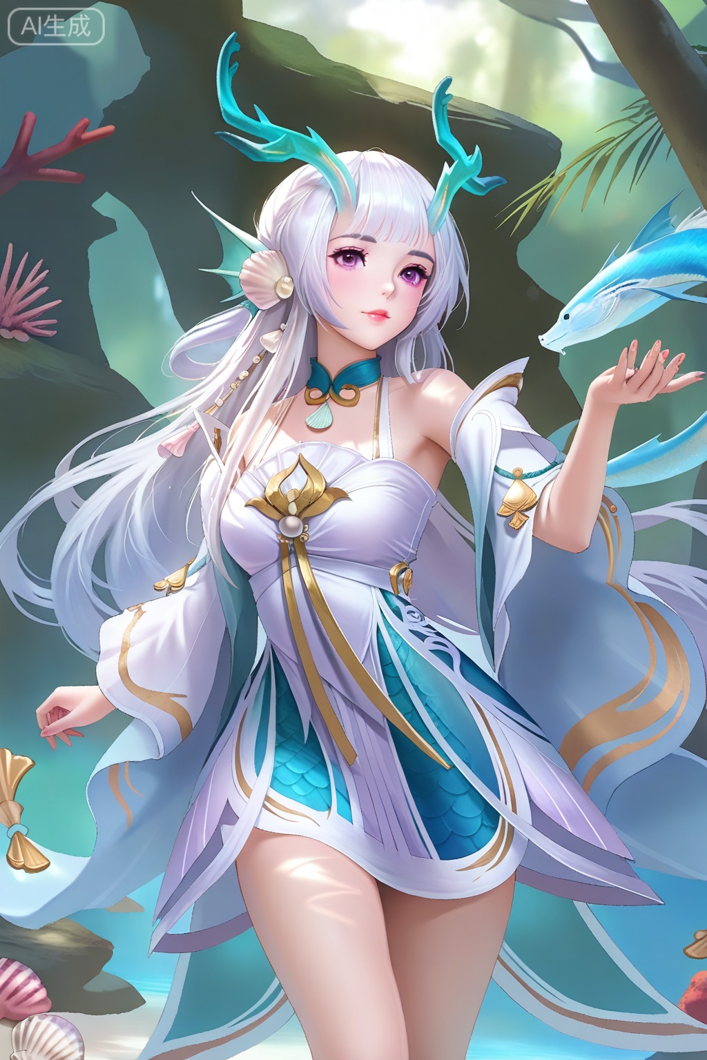 best quality,amazing quality,1girl, solo, green antlers, white hair, lang hair, bangs, hair ornament, purple eyes, fin ears, choker, bare shoulders, short strap dress, wide sleeves, bare thighs, shell,pendant,西施,