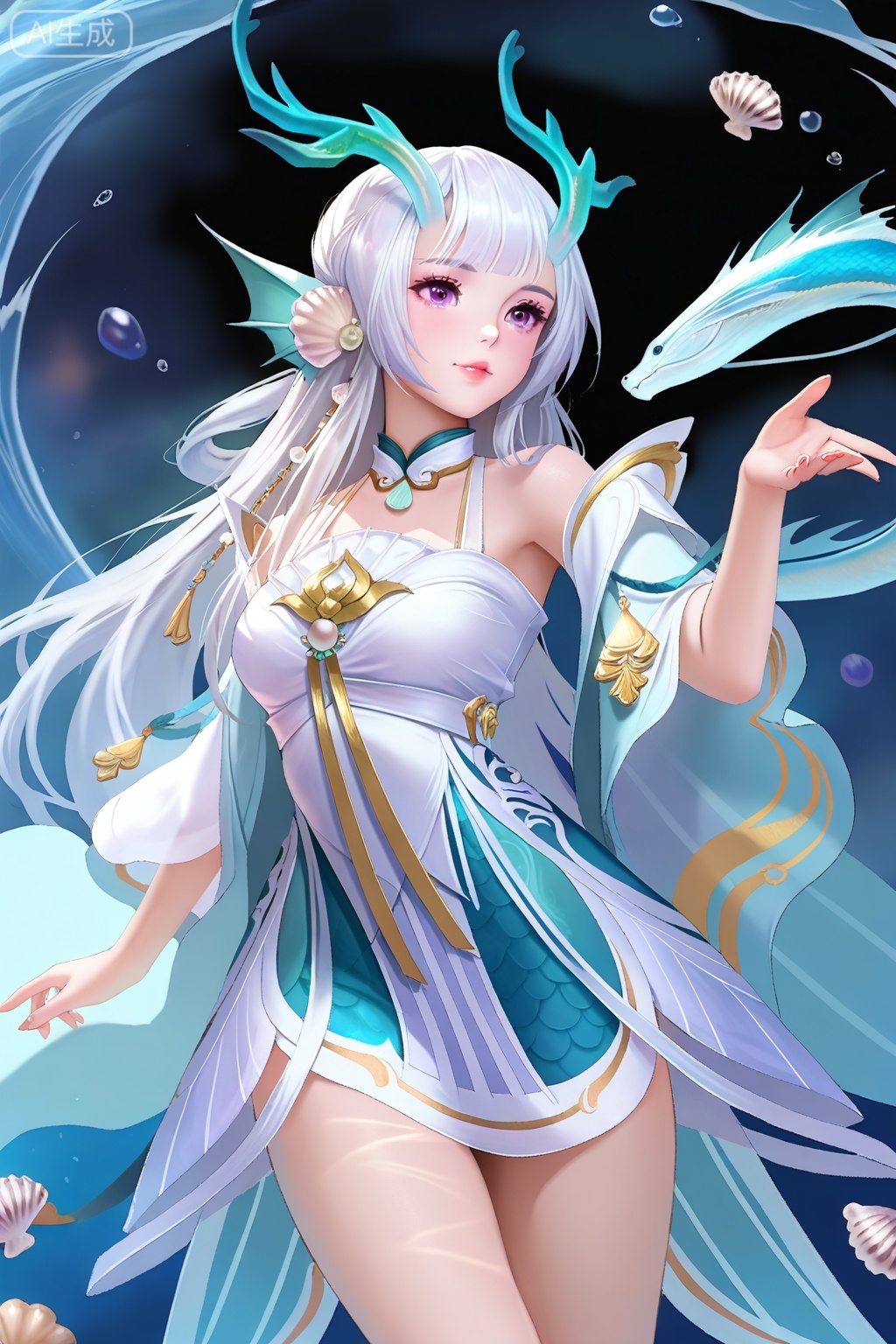 best quality,amazing quality,1girl, solo, green antlers, white hair, lang hair, bangs, hair ornament, purple eyes, fin ears, choker, bare shoulders, short strap dress, wide sleeves, bare thighs, shell,pendant,西施,