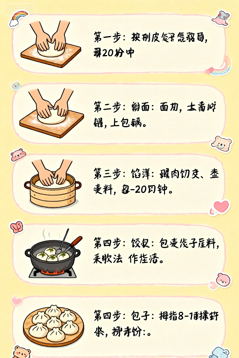 手账风格   这张图片是一份色彩丰富且具有指导性的指南,提供了包饺子的分步说明。其设计在视觉上富有吸引力且易于遵循。背景为浅黄色,周围点缀着各种小巧可爱的插图,包括彩虹、爱心和小熊。文字为黑色,分为四个部分,每个部分都配有相应的插图。1. 第一部分展示了一双手在揉面团,文字内容为“饺子：在中式饺子包法中,揉20分钟。” 2. 第二部分画的是一个人在擀面皮,文字内容为“饺子：擀面皮,放馅料,包上饺子。” 3. 第三部分描绘了一个人在搅拌食材,文字内容为“饺子：馅料：猪肉馅、韭菜、虾仁、香菇等馅料上锅蒸18-20分钟。” 4. 第四部分展示了一个正在蒸煮的热腾腾的饺子,文字内容为“饺子：饺子：包法：大拇指8-10指捏合,大拇指捏合。” 整体设计活泼有趣,适合儿童,因此也适合家庭活动。
