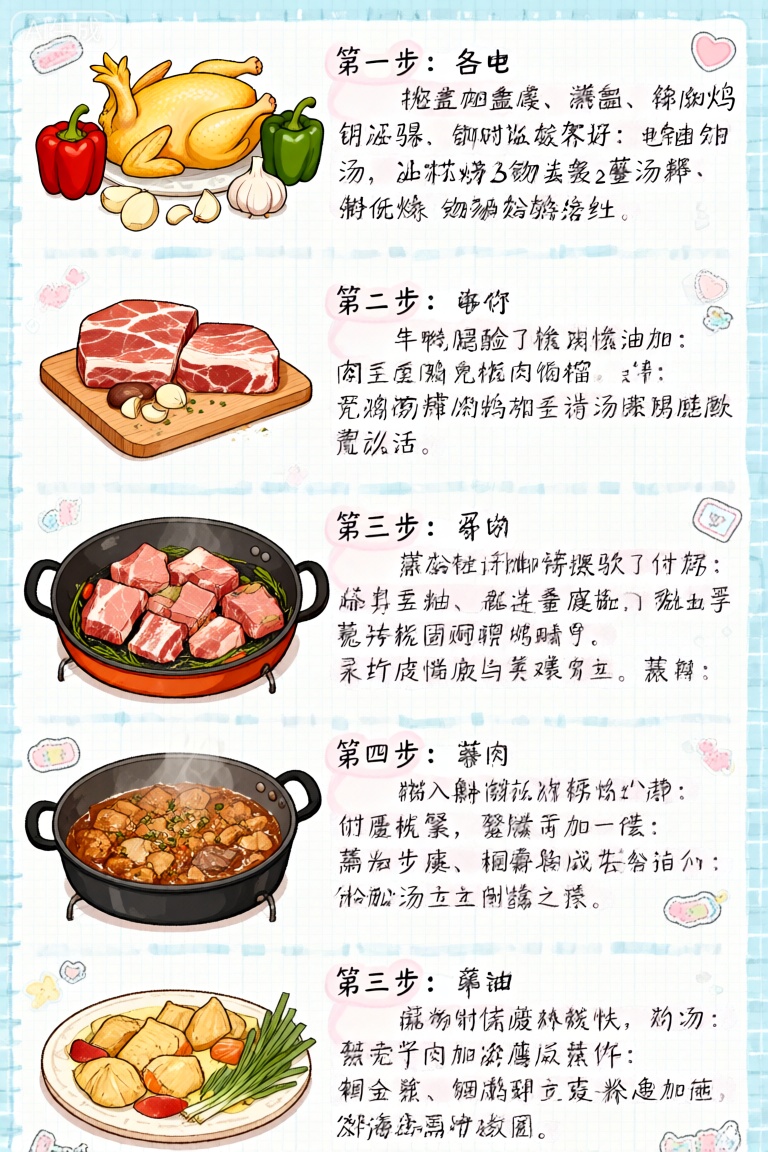 这是一幅色彩丰富且内容翔实的插图,看起来像是一张烹饪指南或教学海报。图中展示了多种食材及其烹饪方法,每种食材都配有简短说明。
1. **第一部分（三文鱼）**：
    - 图中是一只完整的烤鸡,旁边配有红甜椒、绿甜椒和几瓣大蒜。
    - 文字描述了整只烤鸡的做法,包括使用盐、胡椒和油,还提到要用到2瓣大蒜和2汤匙油。
2. **第二部分（牛肉）**：
    - 图中是两块生牛肉,放在木制砧板上。
    - 文字描述了生牛肉的处理方法,包括使用盐、胡椒和油,还提到要用到2瓣大蒜和2汤匙油。
3. **第三部分（羊肉）**：
    - 图中是一锅炖肉,里面有肉块、蔬菜和香草。
    - 文字描述了炖肉的做法,包括使用盐、胡椒和油,还提到要用到2瓣大蒜和2汤匙油。
4. **第四部分（鸡肉）**：
    - 图中是一锅炖鸡,里面有鸡块、蔬菜和香草。
    - 文字描述了炖鸡的做法,包括使用盐、胡椒和油,还提到要用到2瓣大蒜和2汤匙油。
背景是浅蓝色的网格图案,还有心形和星形等小装饰元素,给人一种愉悦且诱人的感觉。文字表述清晰简洁,用项目符号突出了每个步骤。,手账风格