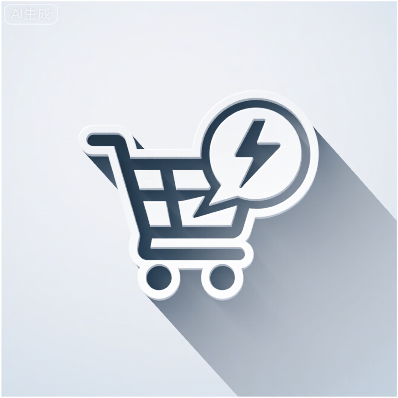 现代简约风格,白色背景上,一个动态的图标展示。图标中包含一个购物车和一个闪电符号,代表快速促销。图标下方有轻微的阴影效果,增加立体感。整体色调清新明亮,突出营销和广告的主题。