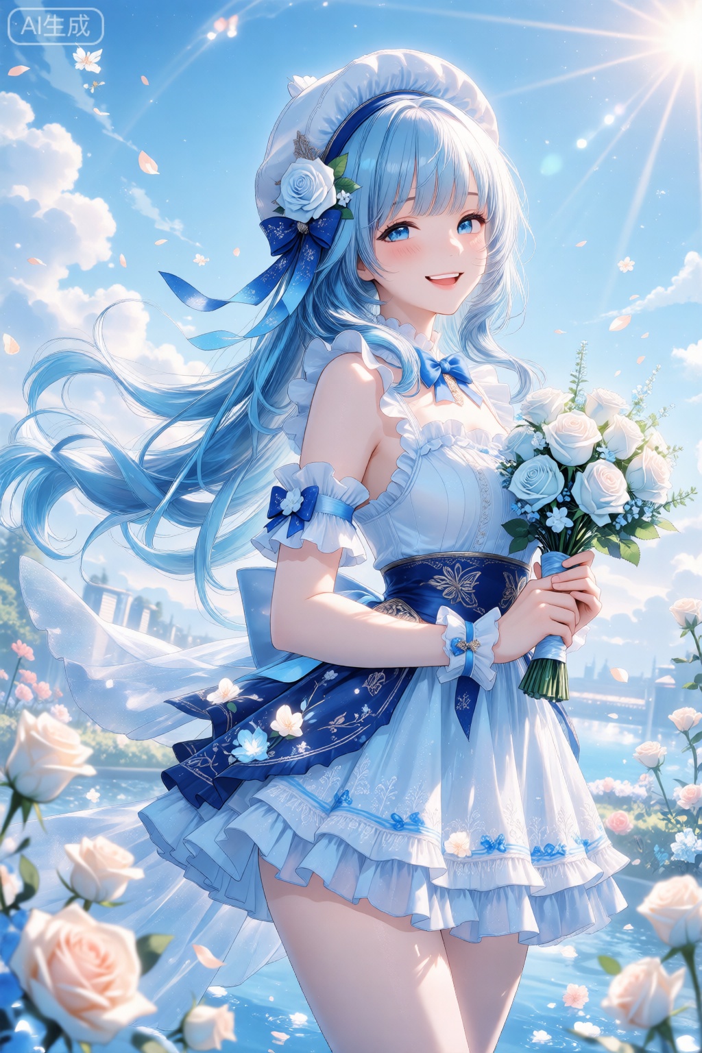 1girl, solo, long hair, looking at viewer, smile, open mouth, bangs, blue eyes, hat, dress, bow, holding, twintails, very long hair, blue hair, flower, short sleeves, :d, outdoors, frills, sky, day, cloud, blue sky, wrist cuffs, rose, beret, blue bow, white flower, blue headwear, bouquet, white rose, holding bouquet,Furina ,skin details, subsurface scattering, intricate textures, realistic material rendering, cinematic lighting, art style, photorealistic 8k,(Murata_Renge:0.8),(reoen1:1),(as109:0.7),(Saebe_Shun:0.7),(akipeko:0.7),(Toronto:0.8),(lineart:0.8),(fuzichoco:0.6),(Mika Pikazo:0.4),(Artist: sheya:0.5),(wlop:0.4),Illustration,Simple Flat Coloring,lightshadow,line art,shadow,masterpiece,best quality,good quality,very aesthetic,A shot with tension,impactful picture,offcial art,movie perspective,masterpiece,facing the lens,best quality,very aesthetic,extremely delicate and beautiful,huge filesize,amazing quality,Blurred foreground,solo_focus,simple_background,depth_of_field,sunlight,reflective,masterful details,intricate details,soothing tones,high contrast,natural skin texture,soft light,sharp,ultra-high resolution,32K UHD,reality