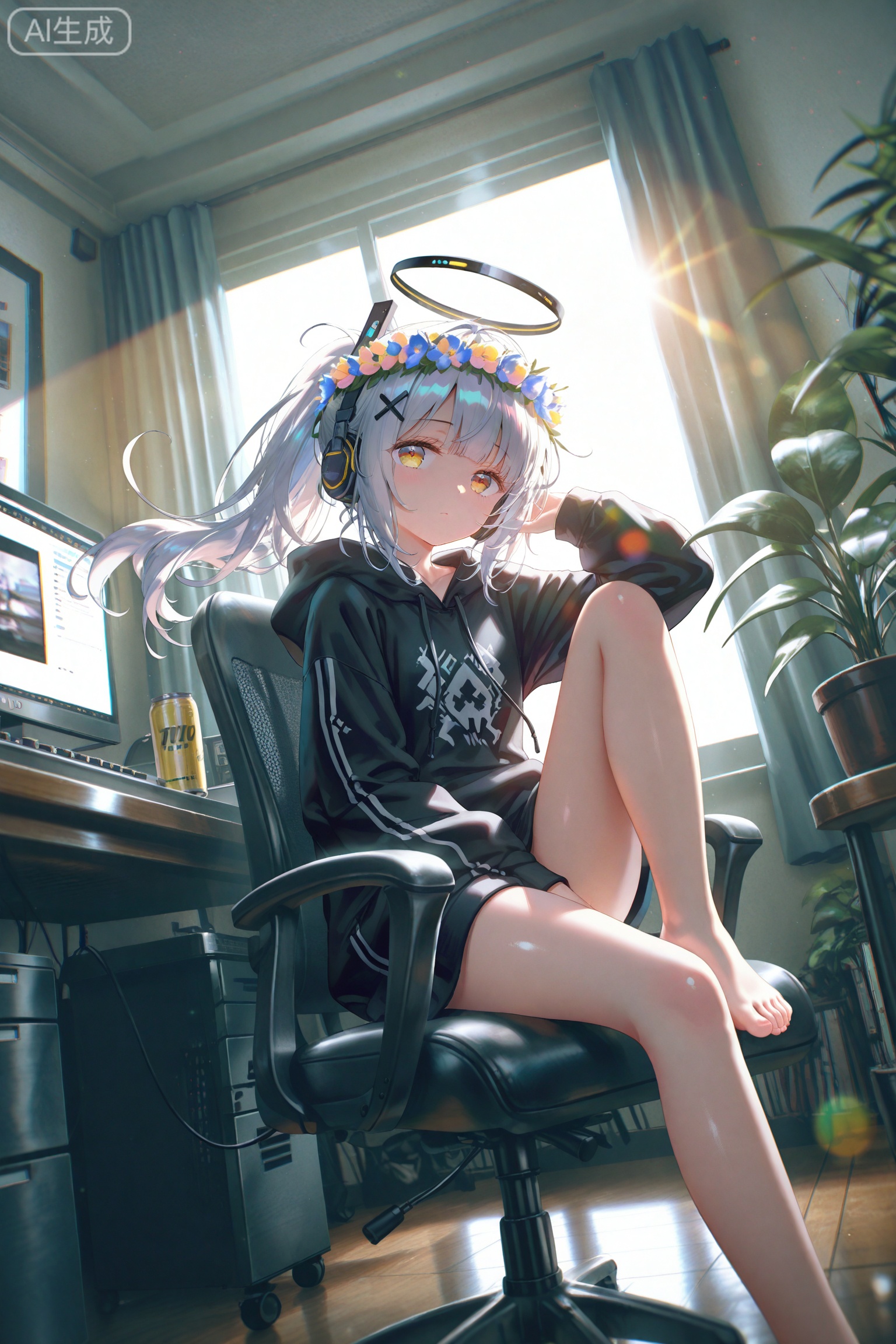 masterpiece,very aware,highres,absurdres,newest,best quality,petite,high quality,chromatic_aberration,cinematic_angle,dutch angle,photorealistic,//,artist:torino aqua,artist:rhasta,artist:wlop,artist:ke-ta,artist:hiten \(hitenkei\),//,1girl, solo, long hair, looking at viewer, bangs, hair ornament, long sleeves, sitting, yellow eyes, ponytail, white hair, sidelocks, barefoot, indoors, hood, feet, bare legs, window, hoodie, toes, headphones, halo, chair, x hair ornament, plant, desk, knee up, can, potted plant, computer, monitor, keyboard \(computer\), office chair, mouse \(computer\),//,official art,depth of field,detailed light,blurry background,cinematic lighting,ray tracing,ultra detailed,god rays,backlighting,photo background,film grain,chromatic aberration,volumetric lighting,depth of field,blurry background,shiny skin,floating hair,cinematic lighting,day,very aesthetic,cowboy shot,look up,head wreath