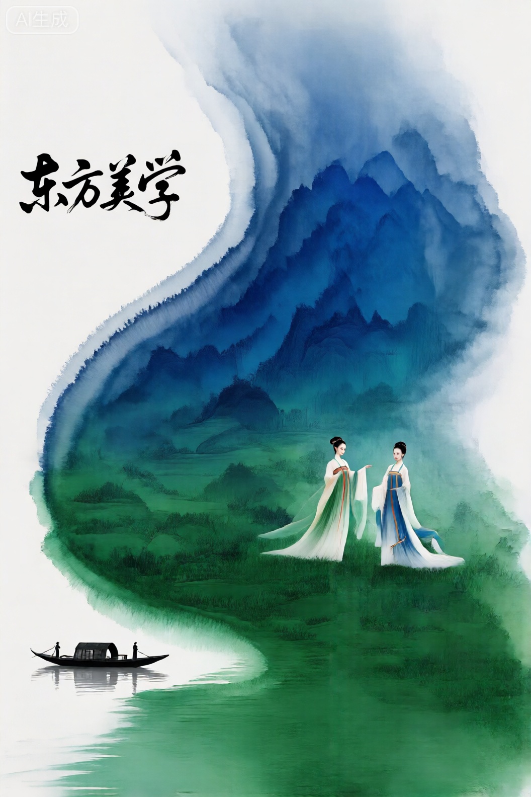 新中式,一个宁静而艺术的场景,具有类似于河流或溪流的流动,弯曲的设计。背景由蓝色和绿色阴影的分层山组成,产生了深度和宁静感。在前景中,有两个穿着优雅的人物,可能代表妇女,站在草地上。他们穿着传统的着装,绿色和蓝色的色调飘逸。在左边,有一条小船,里面有两个人,漂浮在平静的水上,反映了周围风景。图像中的文字用汉字写,上面写着“东方美学”（水墨画）,这表明了中国传统艺术的主题。总体构图结合了自然,艺术和文化美学的要素。