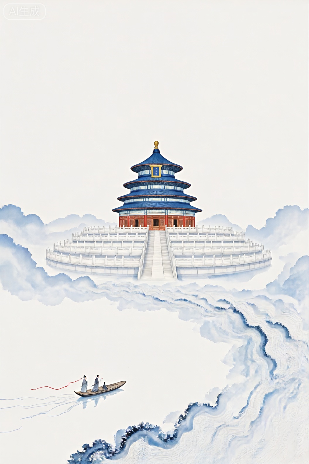 新中式,传统的中国建筑结构,类似于宝塔,该结构位于一个被白色围栏包围的高架平台上。该结构是多层的,上面有蓝色的屋顶和圆形窗户。在宝塔下方,有一堆水域,波浪和一条船,上面载着两个身着传统衣服的人物。船在水中移动,一条红丝带在其后面落后。背景由浅蓝色的天空和云层组成,为现场带来了宁静而宁静的氛围。