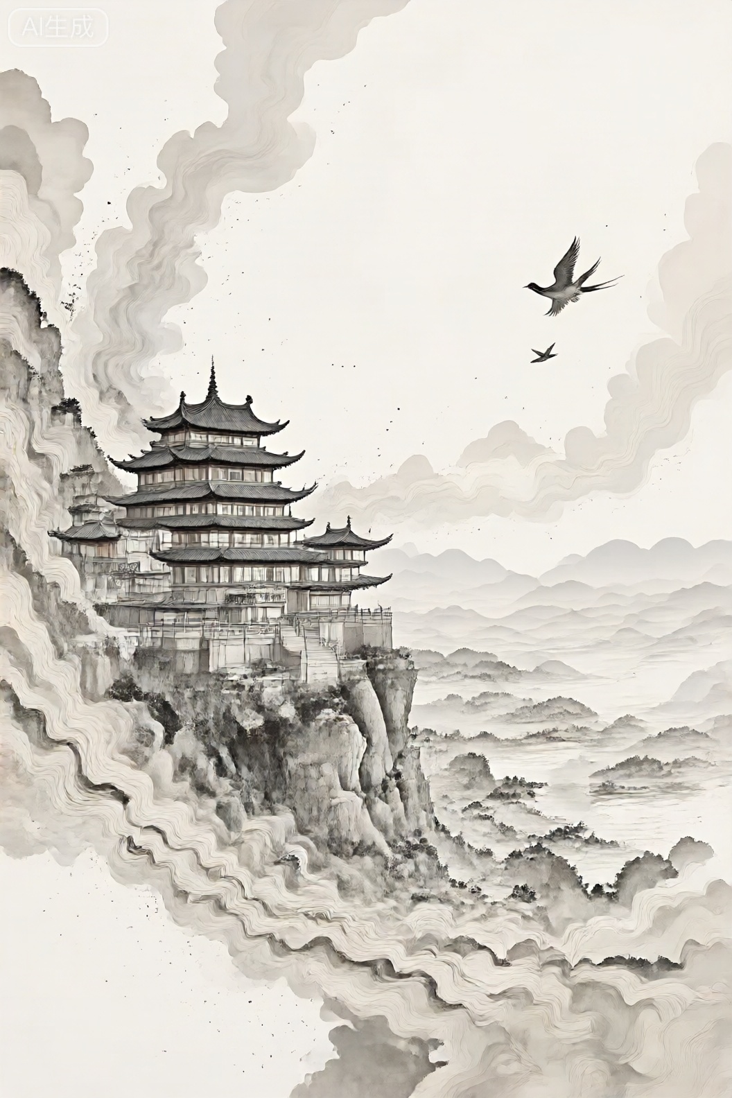 新中式,传统中国景观的风格化插图。在前景中,有一座大型多层宝塔式建筑,位于岩石悬崖上。该结构精心设计的屋顶和多个窗户,使其具有经典的历史外观。建筑物周围是盘旋云和烟雾,暗示着一种戏剧性或可能的混乱氛围。 在背景中,有一大堆起伏的山丘和一块水,为现场增添了深度。天空充满了更多的旋转云,两只鸟在图像的右上部分飞行,为原本静态的构图增添了运动和生命感。