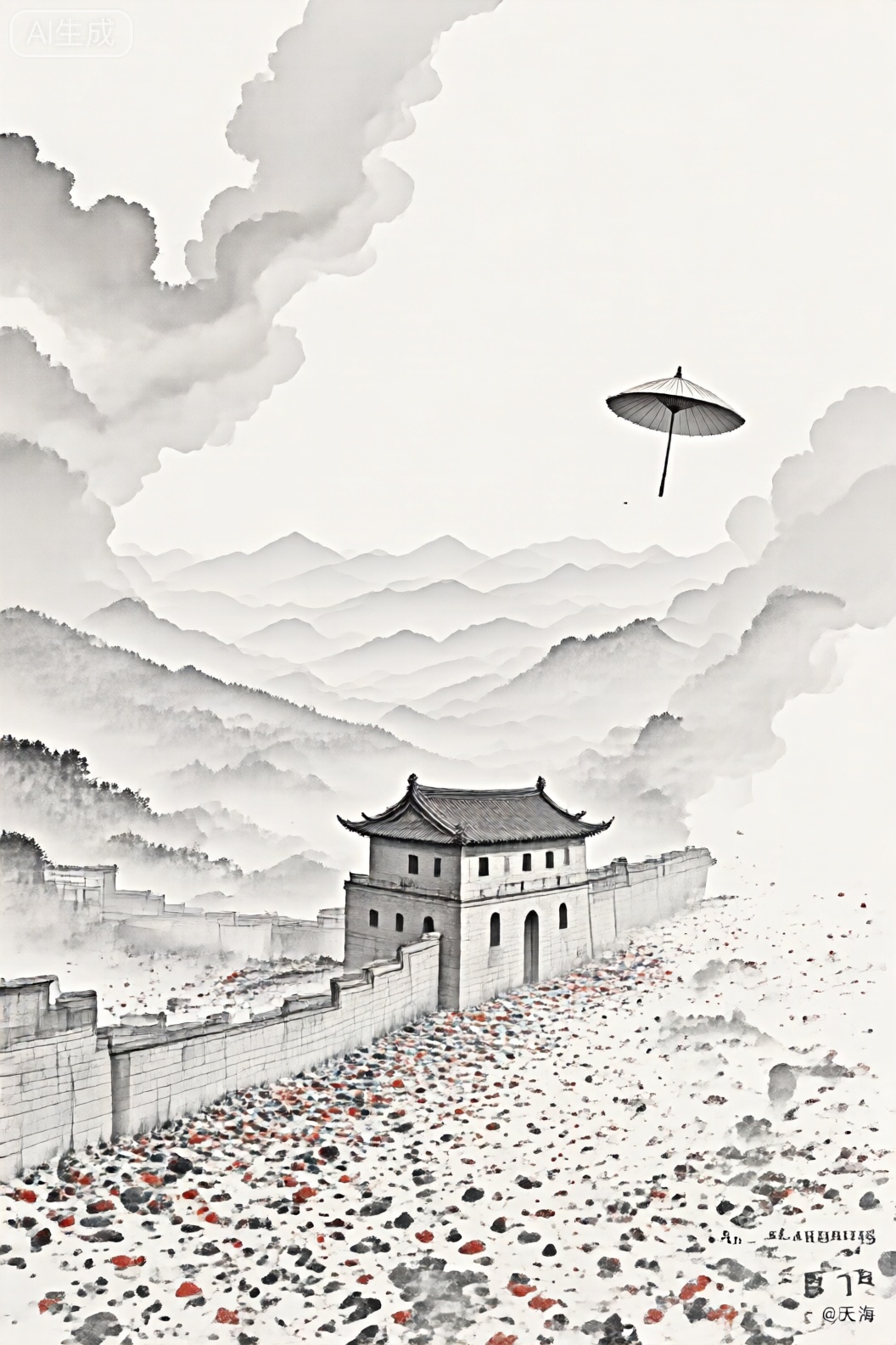 新中式,一个传统的中国风景,背景中有薄雾的山脉。在前景中,有一个带有中国传统建筑的石墙,包括守望台。地面上覆盖着散落的红色和黑色岩石,空中漂浮着大的雨伞,类似于中国传统的阳伞。天空充满了云,整体调色板是单色的,带有灰色和黑色的阴影。 图像中的文字用英语和中文编写。它读取： “@天海“ 该图像是一种风格化的插图,将中国传统元素与现代艺术技术相结合。