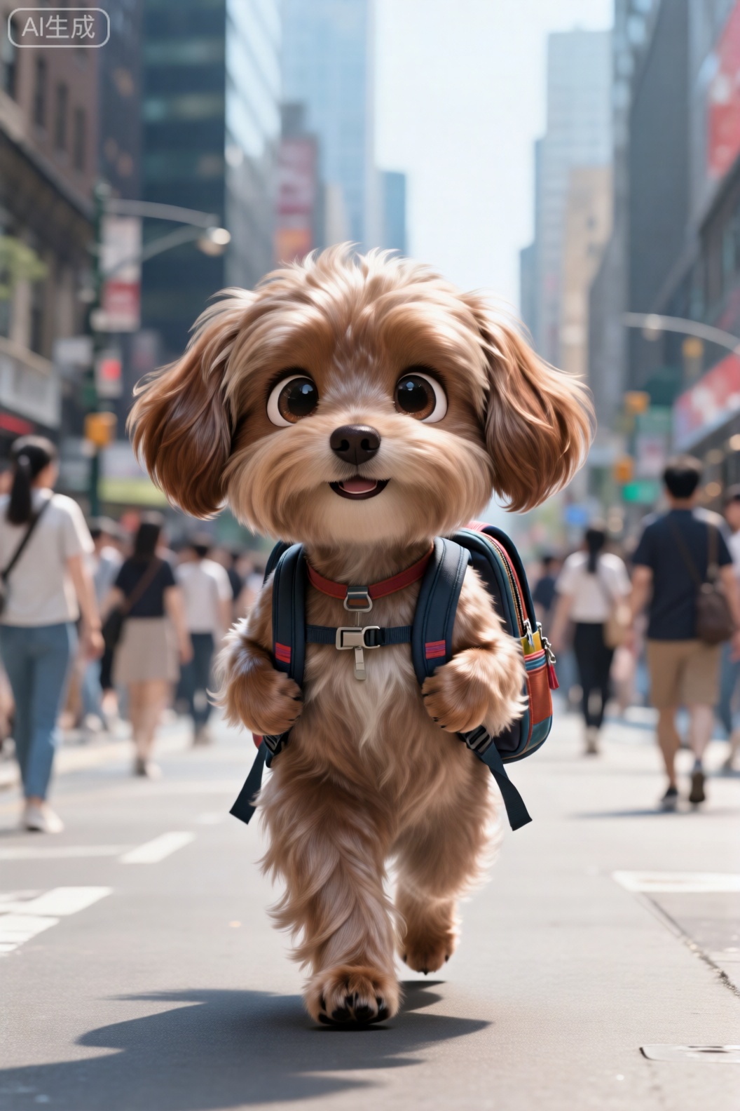 拟人化的大眼睛棕色泰迪狗,背着书包,双腿走在城市人来人往的大街上,眼睛看着镜头微笑。