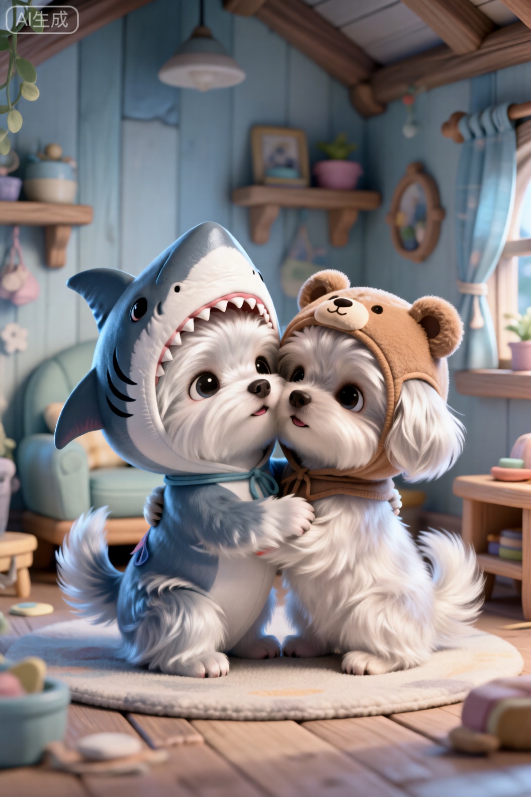 特写,温馨卡通装潢的小屋里,所有家具和东西都很大,有两只超级小的微缩拟人化迷你初生狗狗幼崽,一只是萨摩戴卡通鲨鱼头套,一只是博美戴小熊头套,它们毛茸茸的,蓬松毛,它们表情呆萌,它们正在拥抱脸贴脸,超萌,oc渲染,超清画质,细腻的毛发,温馨梦幻