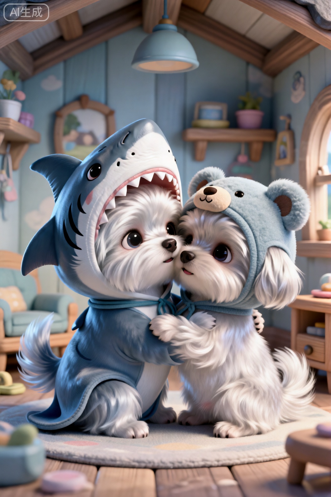 特写,温馨卡通装潢的小屋里,所有家具和东西都很大,有两只超级小的微缩拟人化迷你初生狗狗幼崽,一只是萨摩戴卡通鲨鱼头套,一只是博美戴小熊头套,它们毛茸茸的,蓬松毛,它们表情呆萌,它们正在拥抱脸贴脸,超萌,oc渲染,超清画质,细腻的毛发,温馨梦幻