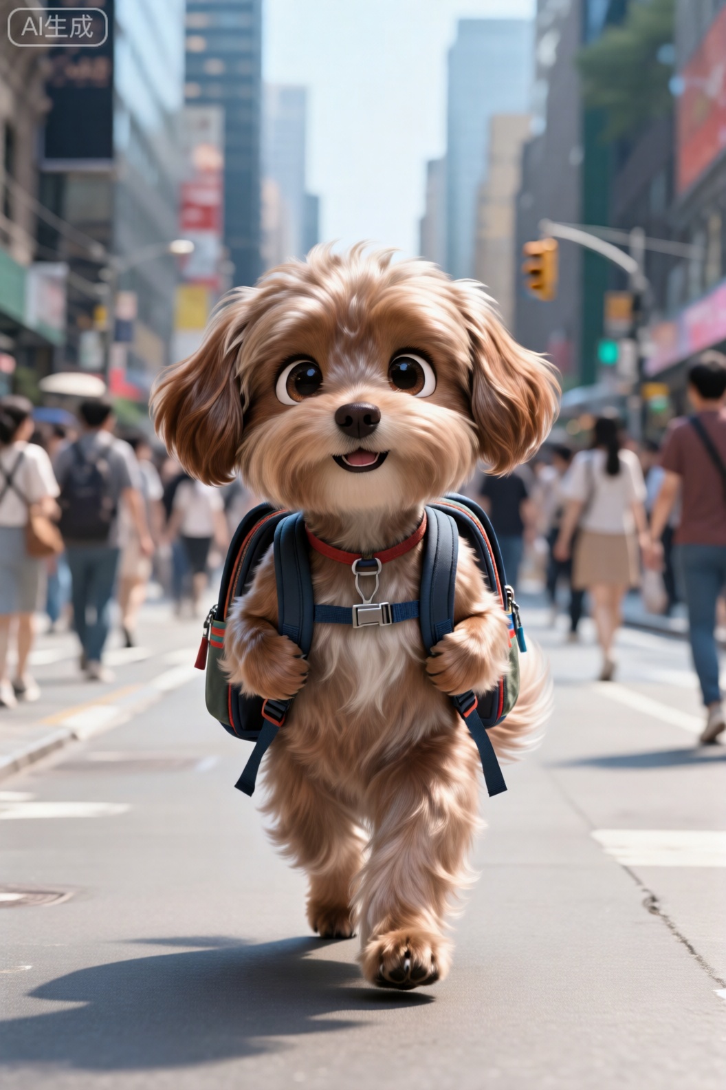 拟人化的大眼睛棕色泰迪狗,背着书包,双腿走在城市人来人往的大街上,眼睛看着镜头微笑。