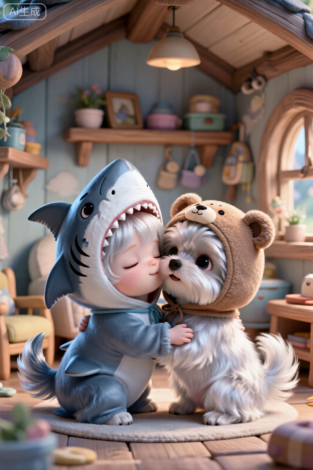 特写,温馨卡通装潢的小屋里,所有家具和东西都很大,有两只超级小的微缩拟人化迷你初生狗狗幼崽,一只是萨摩戴卡通鲨鱼头套,一只是博美戴小熊头套,它们毛茸茸的,蓬松毛,它们表情呆萌,它们正在拥抱脸贴脸,超萌,oc渲染,超清画质,细腻的毛发,温馨梦幻