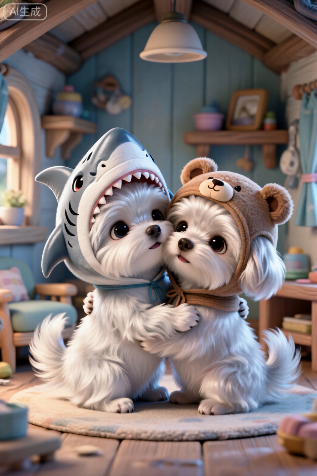 特写,温馨卡通装潢的小屋里,所有家具和东西都很大,有两只超级小的微缩拟人化迷你初生狗狗幼崽,一只是萨摩戴卡通鲨鱼头套,一只是博美戴小熊头套,它们毛茸茸的,蓬松毛,它们表情呆萌,它们正在拥抱脸贴脸,超萌,oc渲染,超清画质,细腻的毛发,温馨梦幻