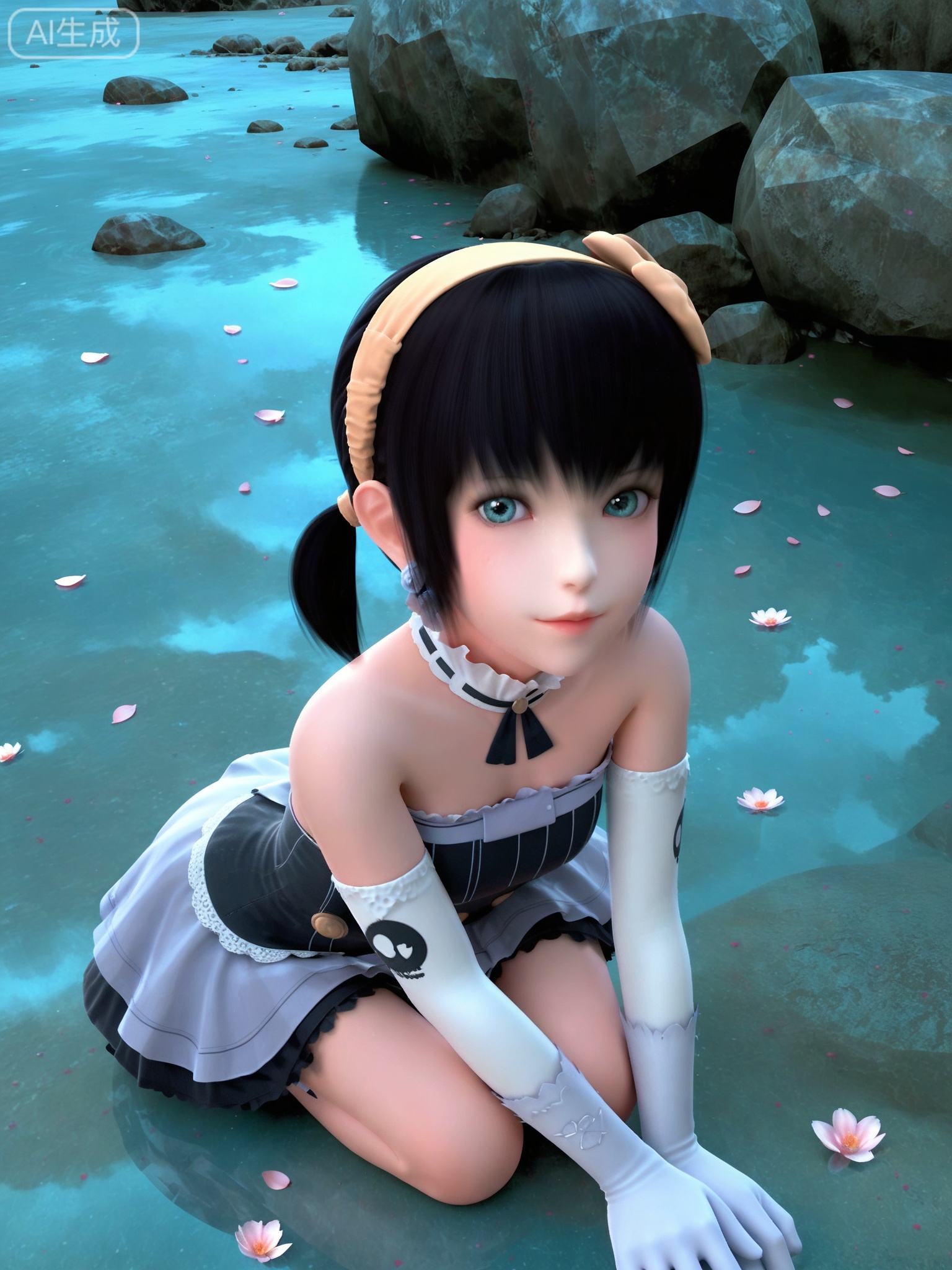 score_9,score_8_up,score_7_up,realistic,photorealistic,1girl,solo,(looking_at_viewer:1.3),realistic,1girl,Vivid Colors,bright environment,delicate water,hair_ornament,shiny skin,shiny hair,reflection,flower sea,falling petals,extreme detail description,(full body:0.3),black hair,(skindentation:1.3),bright,sunshine on face,light,sitting_down,reflection,leg slimming,lose weight,slim hips,gloves,elbow gloves,short hair,twintails,white gloves,earrings,black hair,short twintails,lolita fashion,bright_pupils,gothic lolita,
