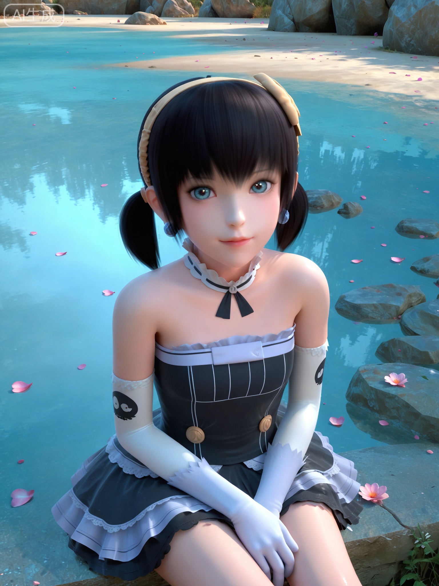 score_9,score_8_up,score_7_up,realistic,photorealistic,1girl,solo,(looking_at_viewer:1.3),realistic,1girl,Vivid Colors,bright environment,delicate water,hair_ornament,shiny skin,shiny hair,reflection,flower sea,falling petals,extreme detail description,(full body:0.3),black hair,(skindentation:1.3),bright,sunshine on face,light,sitting_down,reflection,leg slimming,lose weight,slim hips,gloves,elbow gloves,short hair,twintails,white gloves,earrings,black hair,short twintails,lolita fashion,bright_pupils,gothic lolita,
