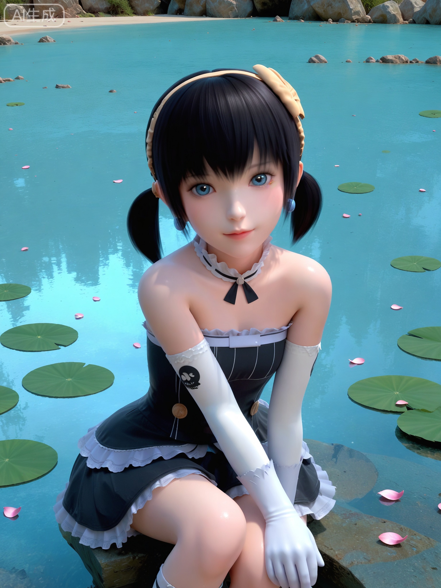 score_9,score_8_up,score_7_up,realistic,photorealistic,1girl,solo,(looking_at_viewer:1.3),realistic,1girl,Vivid Colors,bright environment,delicate water,hair_ornament,shiny skin,shiny hair,reflection,flower sea,falling petals,extreme detail description,(full body:0.3),black hair,(skindentation:1.3),bright,sunshine on face,light,sitting_down,reflection,leg slimming,lose weight,slim hips,gloves,elbow gloves,short hair,twintails,white gloves,earrings,black hair,short twintails,lolita fashion,bright_pupils,gothic lolita,