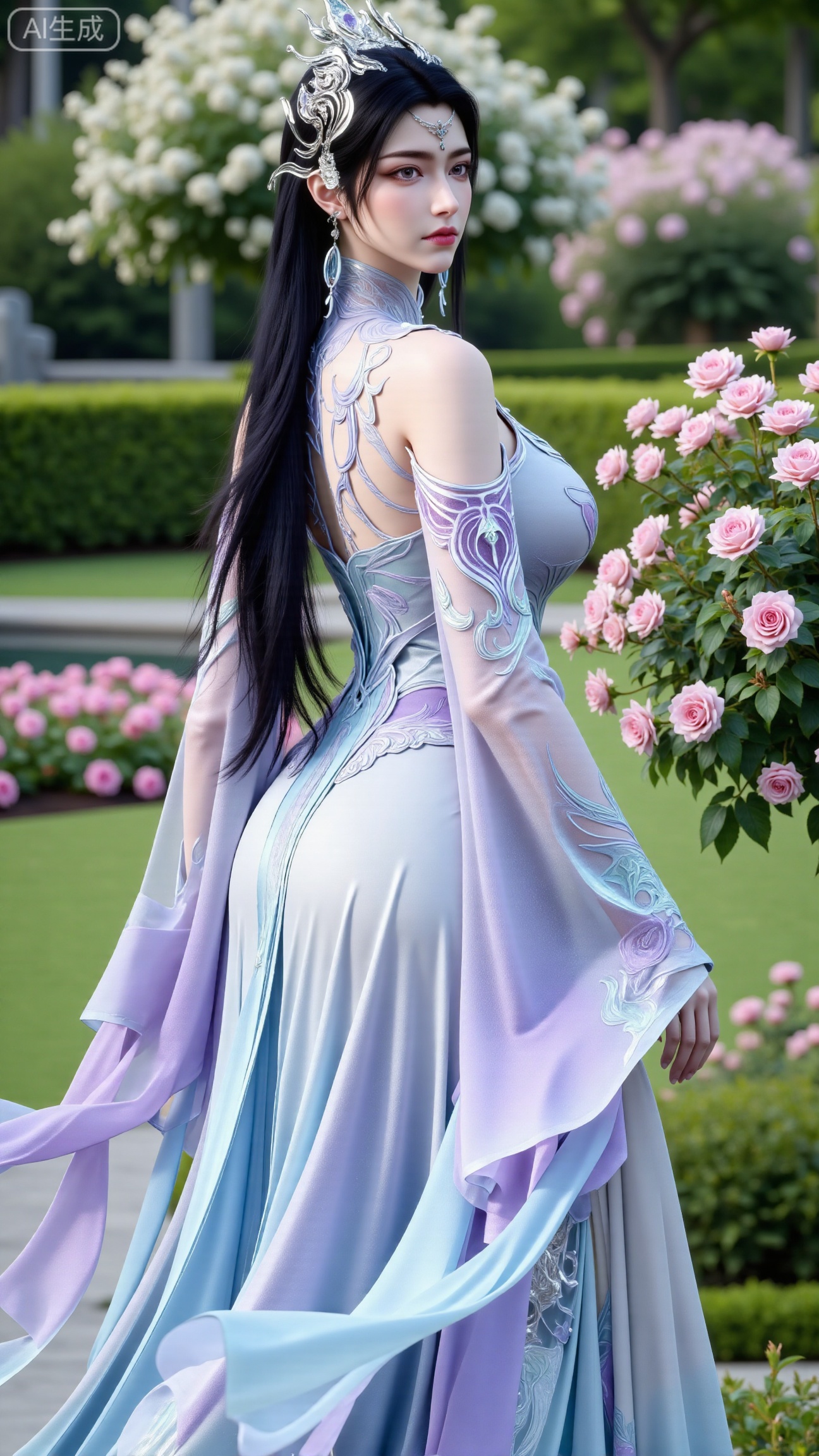 (masterpiece:1.2),best quality,,A woman adorned in traditional Chinese attire,( dress,black long hair),featuring a flowing robe with intricate embroidery and floral accents. A garden filled with pink roses and lush greenery. Soft pastel hues of white,blue,and green,creating a serene atmosphere. Photorealistic photography.,(huge breasts:2.99),(full breasts:2.99),XbaifengsongyuYH,Xbigbreasts,XmengkeerXHY,XliuyuH,Xyuanyaohongyi,Xyuanyaoxizao,Xyuanyaomuyu,Xyuanyaohongqun,Xqixiucosplay,XyechangongXF