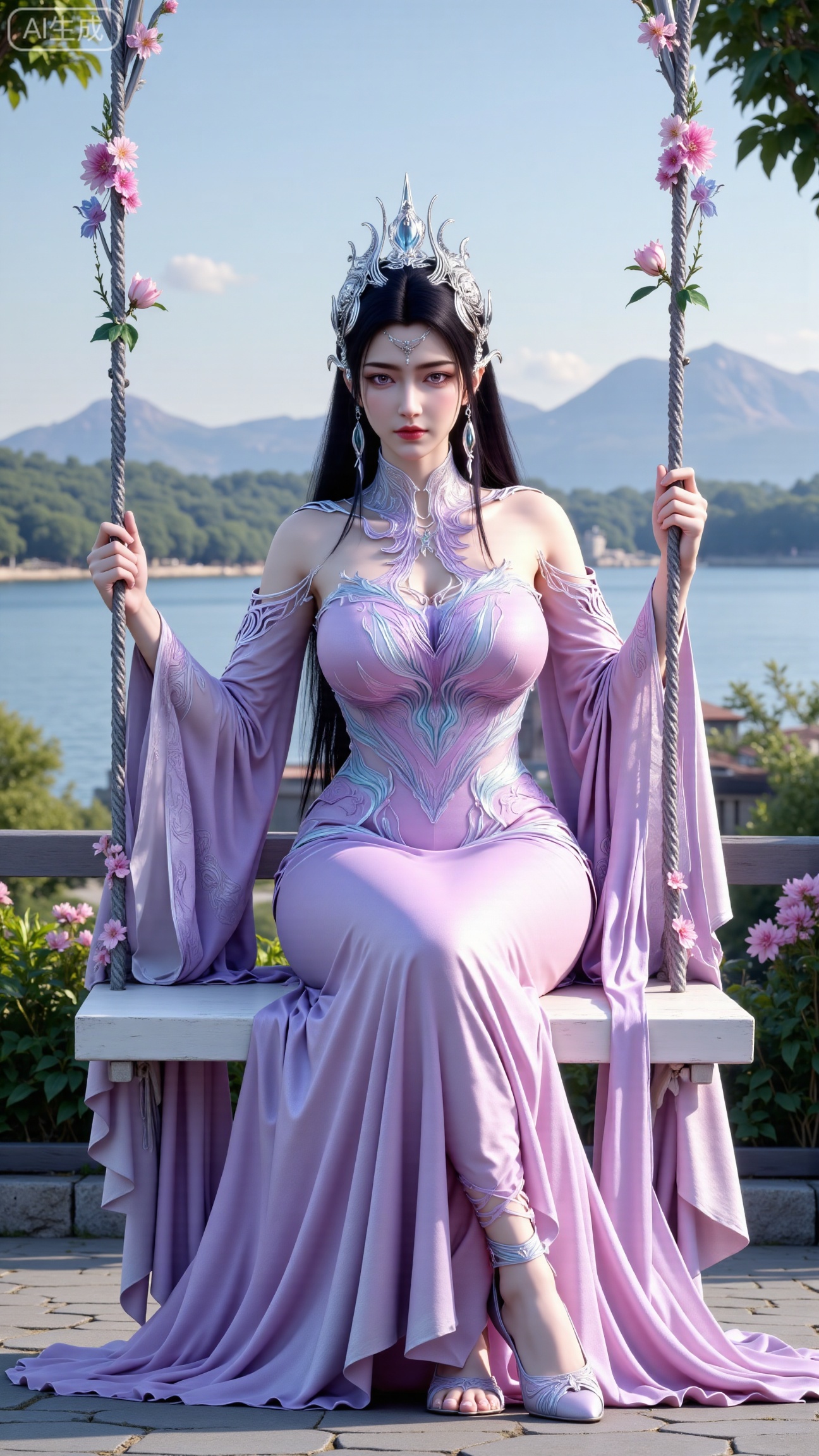  (masterpiece, top quality, best quality, official art, beautiful and aesthetic:1.2),Dynamic posture,(Sitting on the swing:1.39),natural skin texture,(Milky skin:1.2),1gir,solo,Dress, (Long legs, perfect proportions:1.2),(Sakura, butterfly:1.29),(huge breasts:2.99),(full breasts:2.99),castle, waterfall, mountains in the distance,XbaifengsongyuYH,Xbigbreasts,XmengkeerXHY,XliuyuH,Xyuanyaohongyi,Xyuanyaoxizao,Xyuanyaomuyu,Xyuanyaohongqun,Xqixiucosplay,XyechangongXF