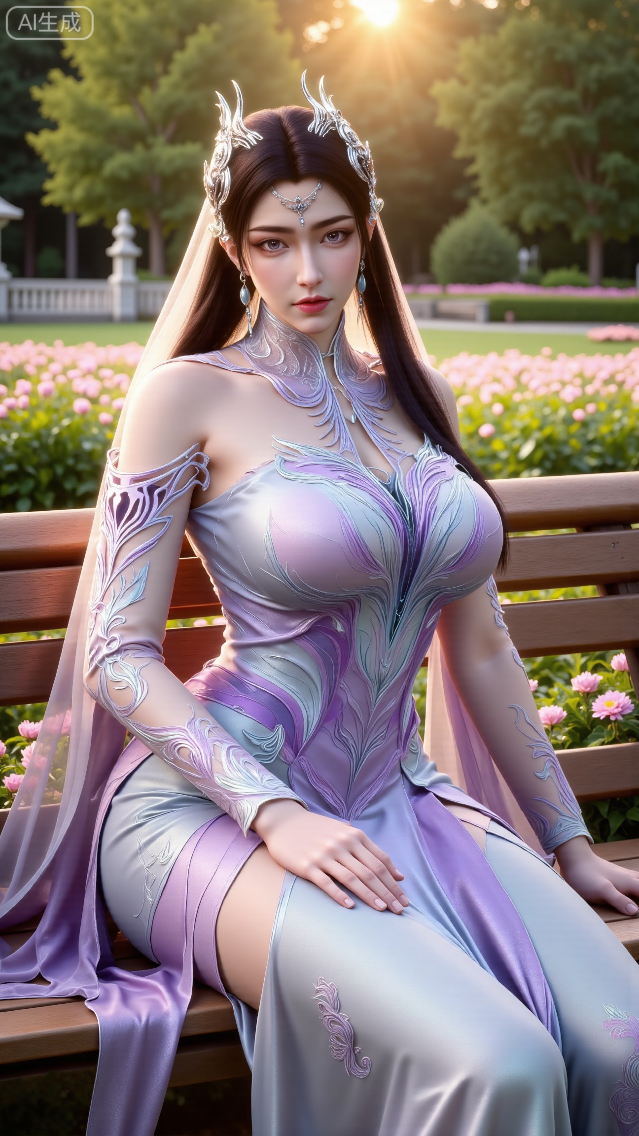 (masterpiece, best quality:1.2),A beauty ,(dress). Leaning on a garden bench filled with flowers,.Sunlight filters through the leaves onto her face, creating a lazy and gentle atmosphere, and her skirt sways softly in the breeze. 8K resolution, detailed texture of knitted fabric, lustrous pearl texture, vivid flower colors, soft natural light, Instagram - style filter texture.,(huge breasts:2.99),(full breasts:2.99),,Xbigbreasts,XbaifengsongyuYH,XzhenniteH,XliuyuH,XfenghuangqipaoXF,XfenghuangqipaoXF,Xyuanyaohongqun,Xyuanyaomuyu,Xyuanyaoxizao,Xyuanyaohongyi,Xqixiucosplay,Xyechangong,XyechangongXF
