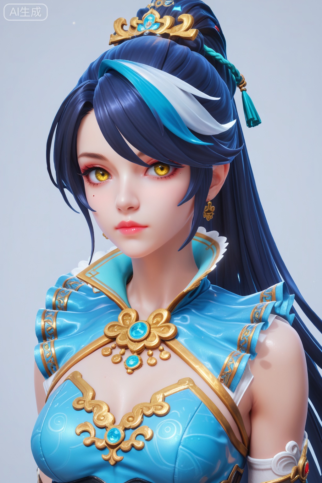 supermodel,score_8_up,score_7_up,hyperdetailed,hyperrealistic,volumetric lighting,focus on face,textured skin,eye lighting,SkinHairDetail,zPDXL,intricate and refined delicate details,unreal engine,very attractive,ultra high res,Expressiveh,realistic skin,score_9,score_8_up,score_9,score_8_up,1 girls,high cold face,black hair,blue hair,dress,hair ornament,high ponytail,long hair,makeup,multicolored hair,ponytail,yellow eyes,