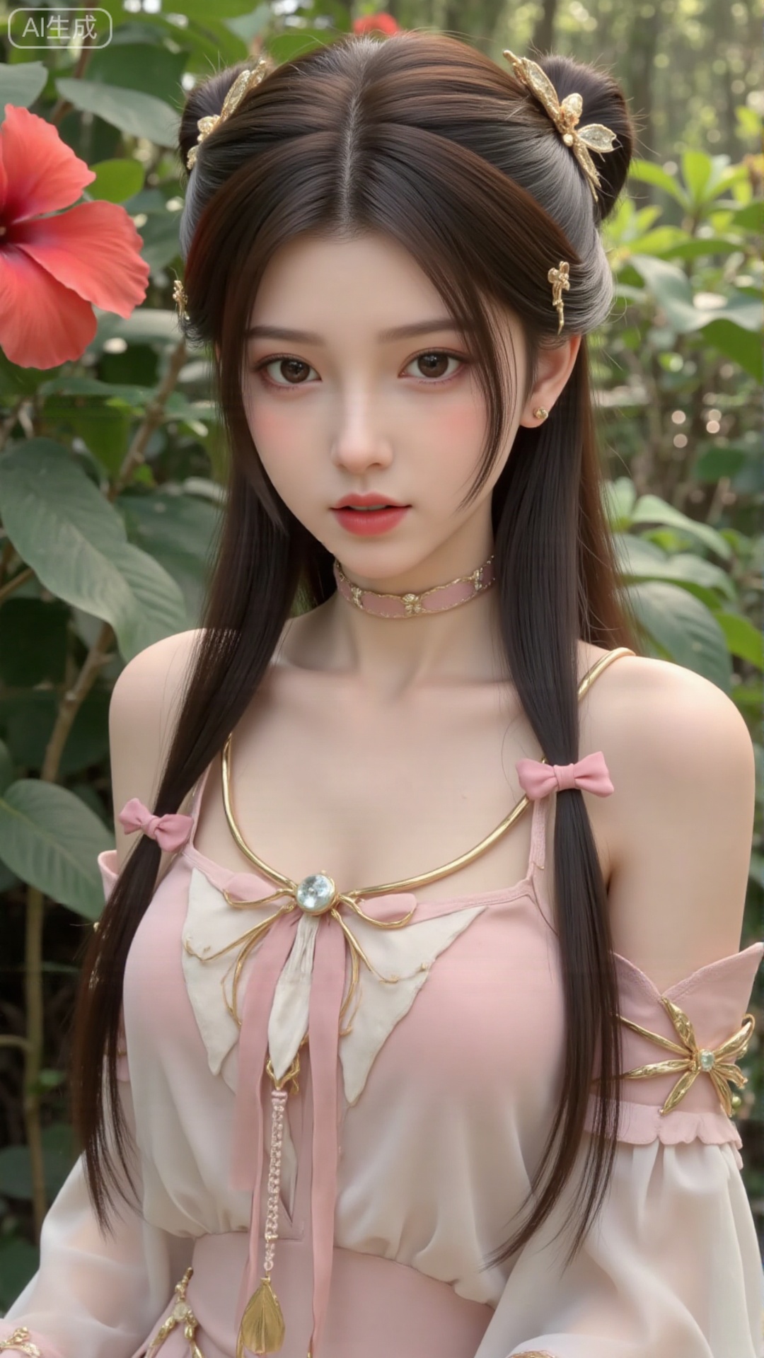 1girl, solo, long hair, breasts, looking at viewer, blush, open mouth, bangs, brown hair, hair ornament, dress, bare shoulders, brown eyes, medium breasts, collarbone, flower, parted lips, hair flower, water, white dress, sleeveless dress, leaf, plant, red flower, partially submerged, hibiscus
,backlighting,depth of field,cinematic lighting,light particles,lens flare, (artist:quasarcake:0.8),extreme aesthetic,(wlop:0.6),masterpiece,best quality,good quality,newest,very aesthetic,absurdres,Visual impact,A shot with tension, ultra-high resolution,32K UHD,sharp focus,best-quality,masterpiece,Emotionalization,unconventional supreme masterpiece,masterful details,temperate atmosphere,with a high-end texture,in the style of fashion photography, (alzi xiaomI:1.2),(mogumo:1.1),(good hands, nice hands:0.5),giving the poster a dynamic and visually striking appearance,impactful picture,offcial art,colorful,movie perspective, masterpiece,best quality,amazing quality,very aesthetic,absurdres,best quality,newest