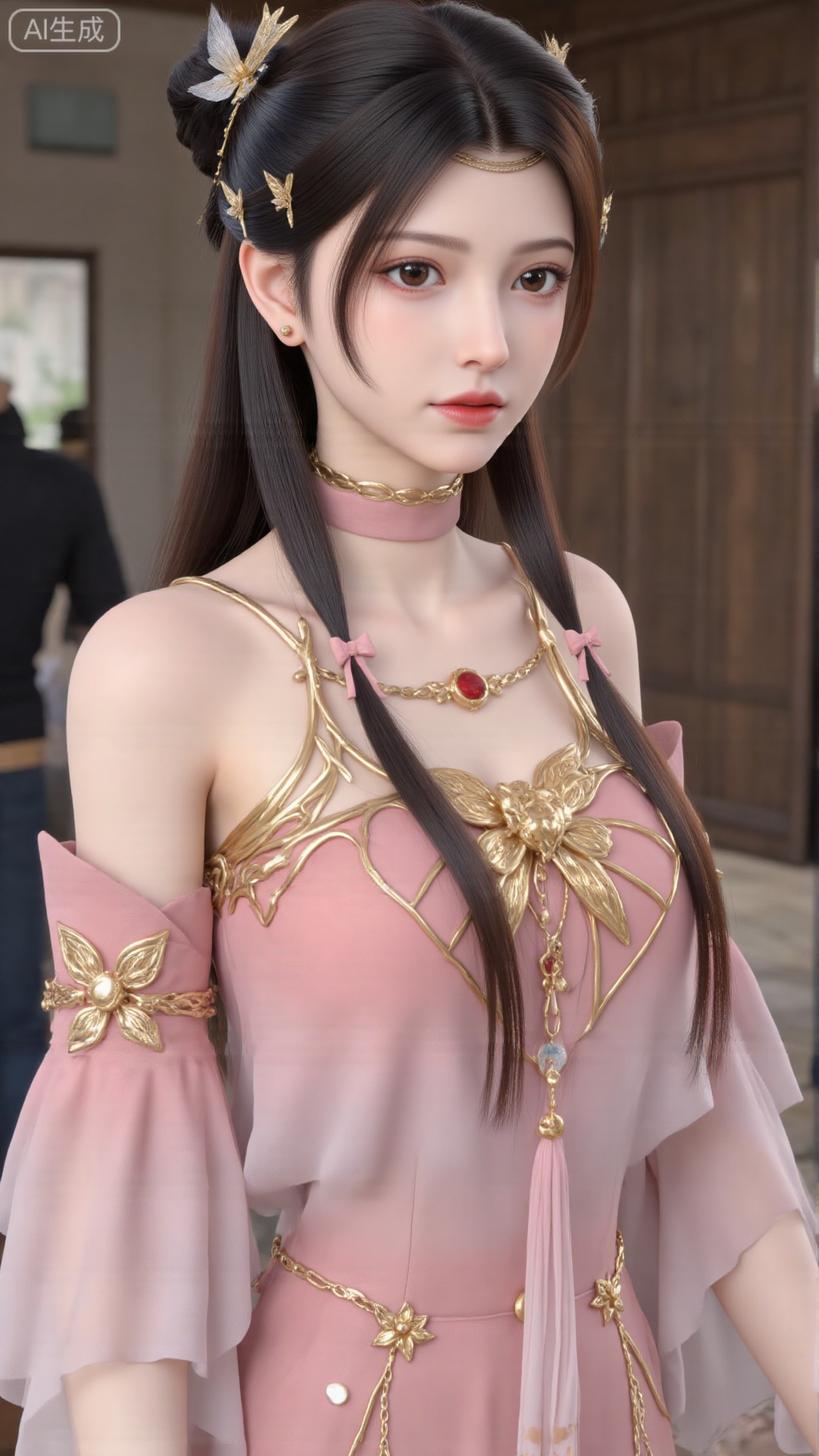1girl, solo, dress, pink dress, hair ornament, long hair, jewelry, brown eyes, bracelet, flower, mischevious smile, perfect body, scenery, sharp focus, best quality, masterpiece, detailed outfit, illustration, perfect eyes, finely detailed beautiful anime eyes, realistic skin, intricate details, best lighting, depth of field, ultra high resolution,sitting