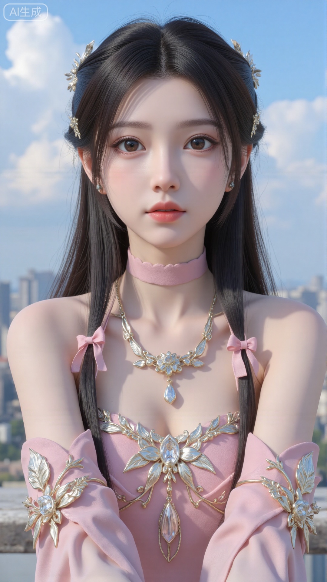 Very detailed face, extremely detailed eyes and face, blue eyes, (vacuum), 8K wallpaper, light leak, beautiful and detailed girl, extremely detailed CGUnity8K wallpaper, an extremely detailed and beautiful, beautiful and detailed eyes, masterpiece, best quality, Real photo level, (frontal shooting panoramic perspective), ( (Full body photo)), dynamic angle, dynamic pose, solo, ancient style silver hairpin with petals, blue sky and white clouds, (C cup), (huge round breasts), slender legs, super good figure, stunning beauty, (whole body in the mirror) , (wearing Lolita nightgown), (light reflects the shadow of the body through the clothes),vacuum,bare and smooth