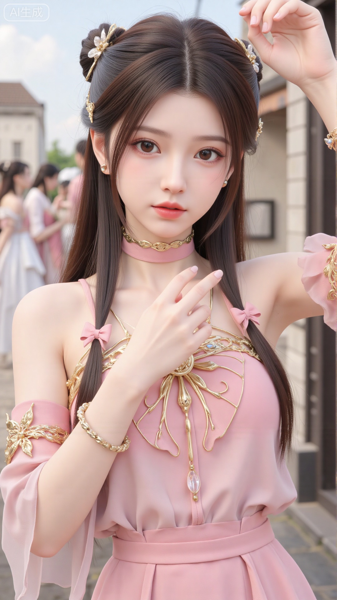 1girl, solo, dress, pink dress, hair ornament, long hair, jewelry, brown eyes, bracelet, flower, mischevious smile, perfect body, scenery, sharp focus, best quality, masterpiece, detailed outfit, illustration, perfect eyes, finely detailed beautiful anime eyes, realistic skin, intricate details, best lighting, depth of field, ultra high resolution,cowboy_shot