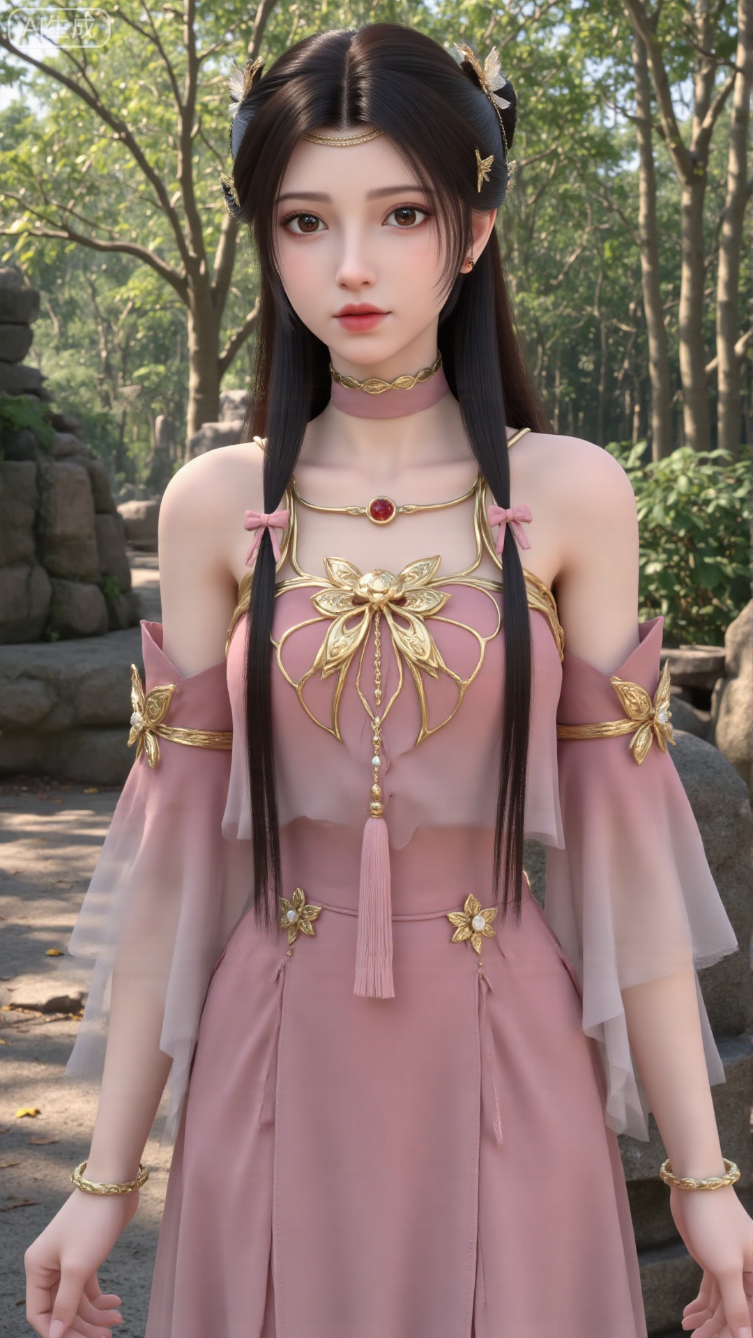 1girl, solo, dress, pink dress, hair ornament, long hair, jewelry, brown eyes, bracelet, flower, mischevious smile, perfect body, scenery, sharp focus, best quality, masterpiece, detailed outfit, illustration, perfect eyes, finely detailed beautiful anime eyes, realistic skin, intricate details, best lighting, depth of field, ultra high resolution,sitting