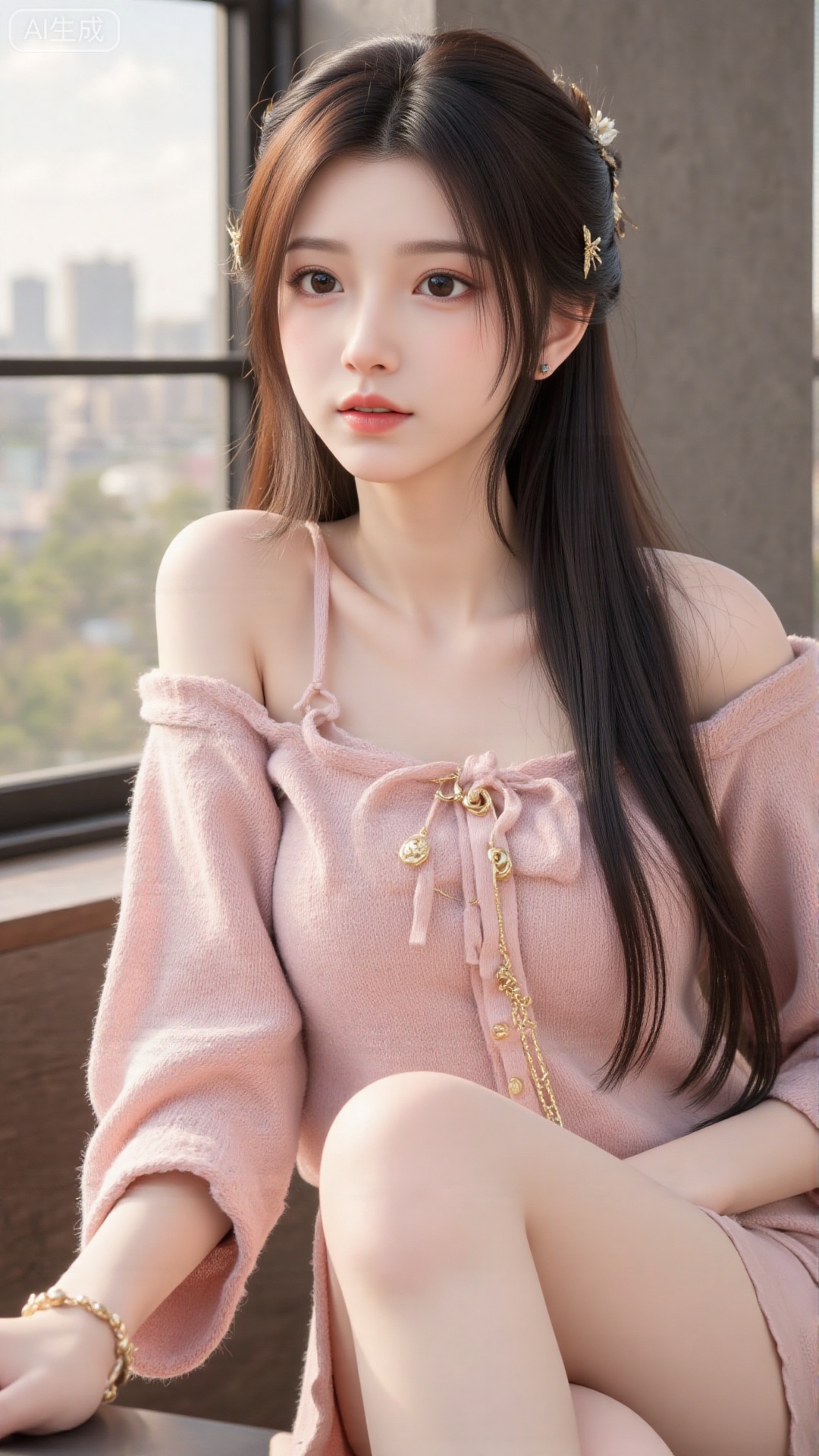 1girl, solo, long hair, looking at viewer, smile, sitting, collarbone, off shoulder, sweater, messy hair, realistic