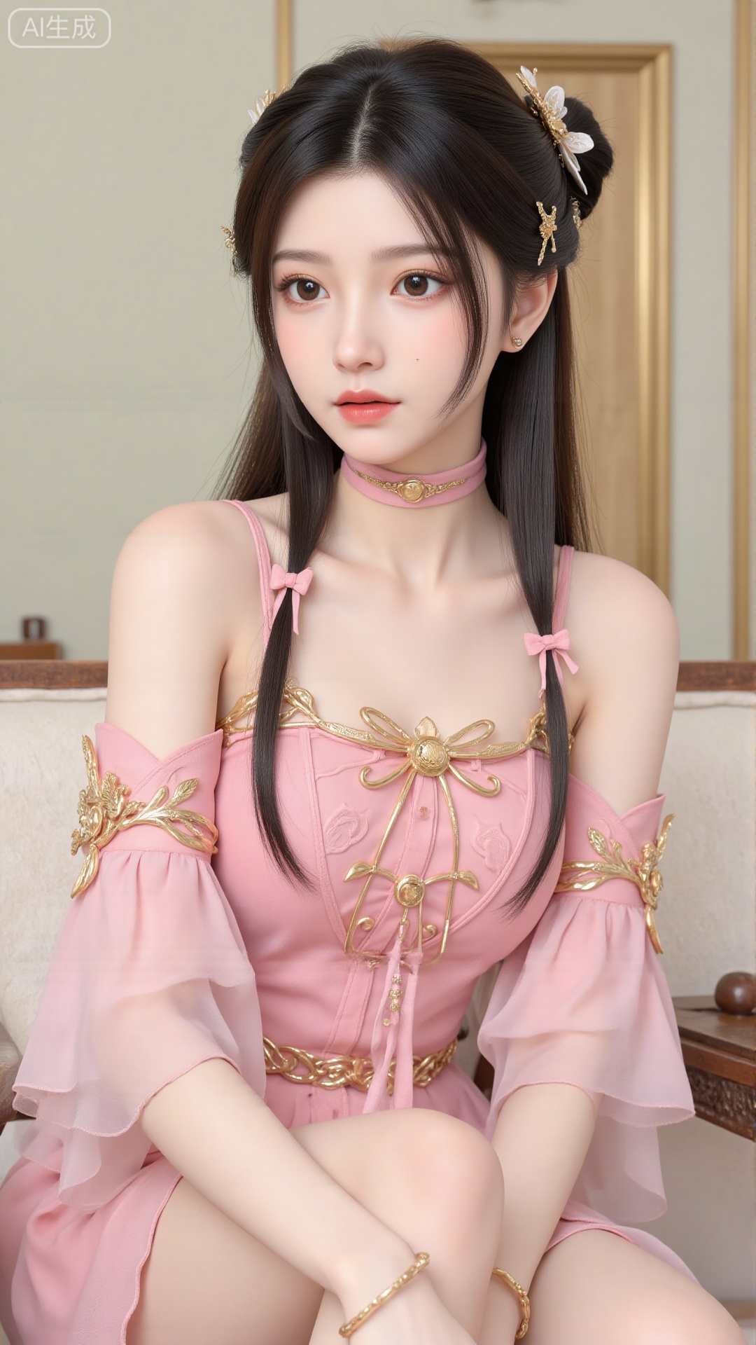 1girl, solo, dress, pink dress, hair ornament, long hair, jewelry, brown eyes, bracelet, flower, mischevious smile, perfect body, scenery, sharp focus, best quality, masterpiece, detailed outfit, illustration, perfect eyes, finely detailed beautiful anime eyes, realistic skin, intricate details, best lighting, depth of field, ultra high resolution,sitting
