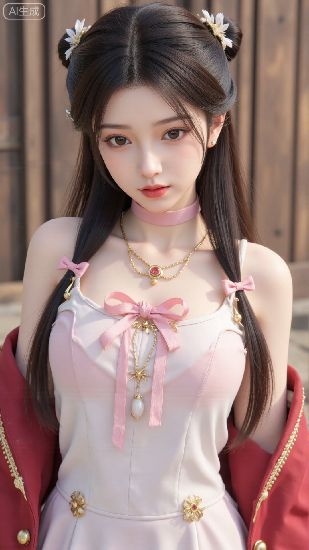 1girl,solo,jewelry,flower,hair flower,hair ornament,necklace,realistic,brown eyes,looking at viewer,dress,blurry background,twin braids,blurry,white dress,long hair,upper body,breasts,pink bow,red jacket,bare shoulders,lips,collarbone,outdoors,cleavage,large natural breast,soft breasts,huge Breasts