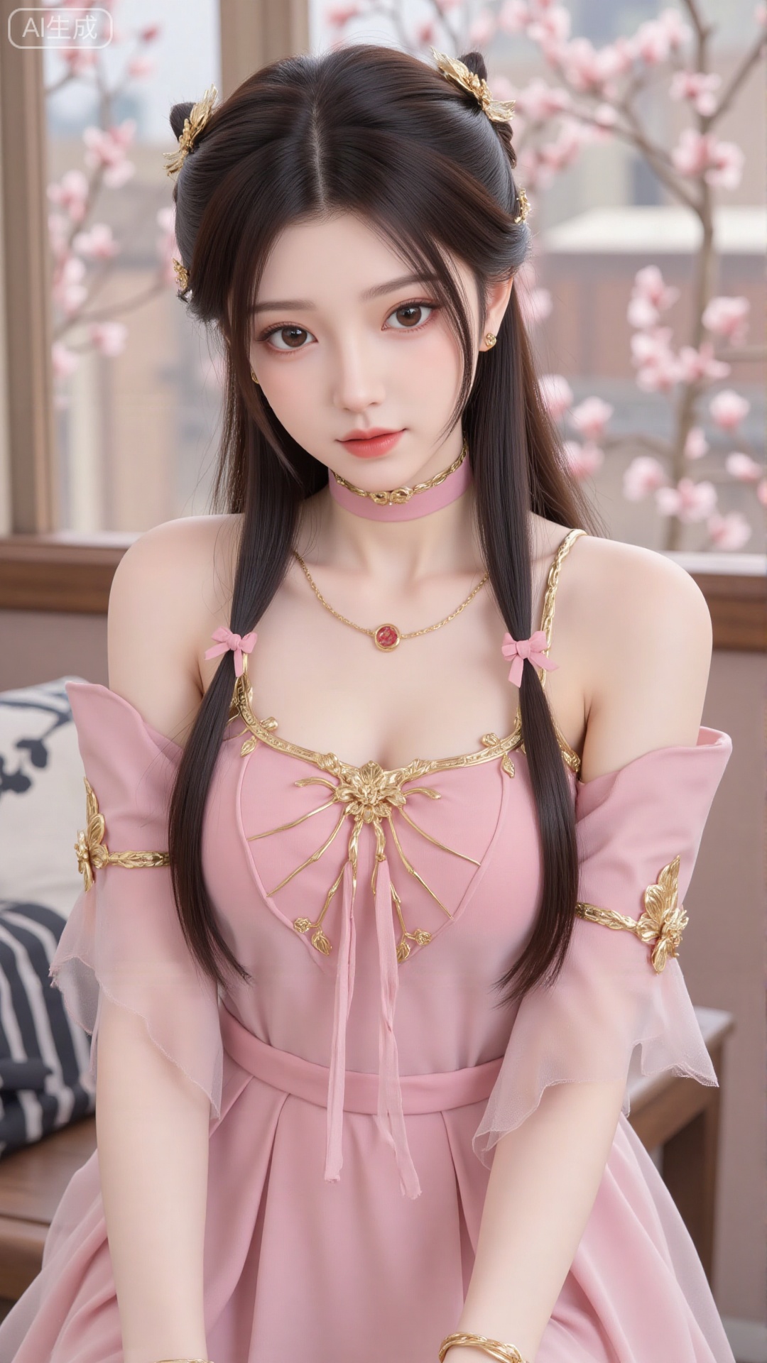 1girl, solo, dress, pink dress, hair ornament, long hair, jewelry, brown eyes, bracelet, flower, mischevious smile, perfect body, scenery, sharp focus, best quality, masterpiece, detailed outfit, illustration, perfect eyes, finely detailed beautiful anime eyes, realistic skin, intricate details, best lighting, depth of field, ultra high resolution,cowboy_shot