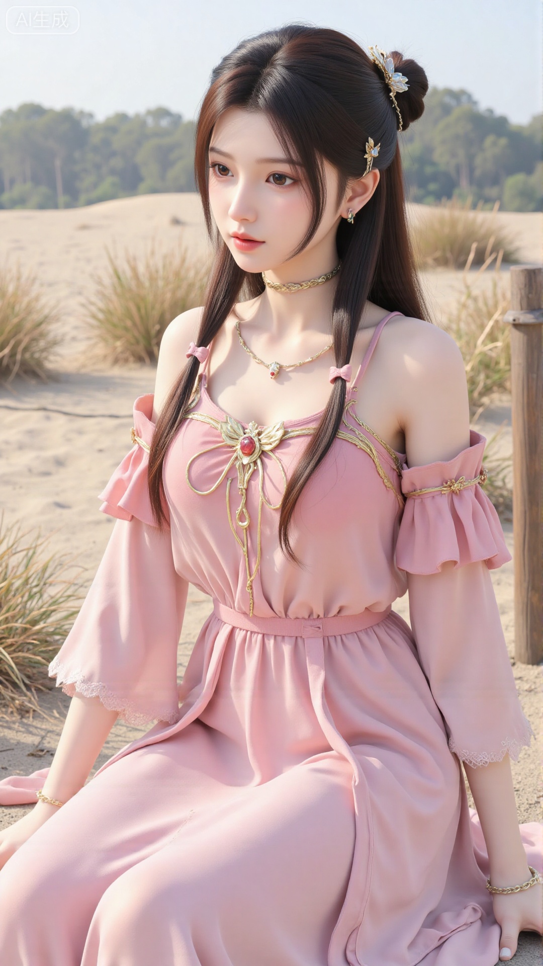 1girl, solo, dress, pink dress, hair ornament, long hair, jewelry, brown eyes, bracelet, flower, mischevious smile, perfect body, scenery, sharp focus, best quality, masterpiece, detailed outfit, illustration, perfect eyes, finely detailed beautiful anime eyes, realistic skin, intricate details, best lighting, depth of field, ultra high resolution,sitting