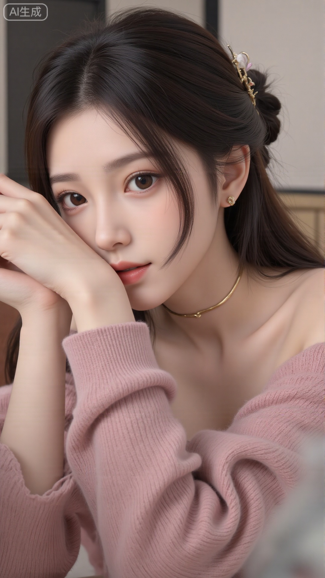 1girl, solo, long hair, looking at viewer, smile, sitting, collarbone, off shoulder, sweater, messy hair, realistic